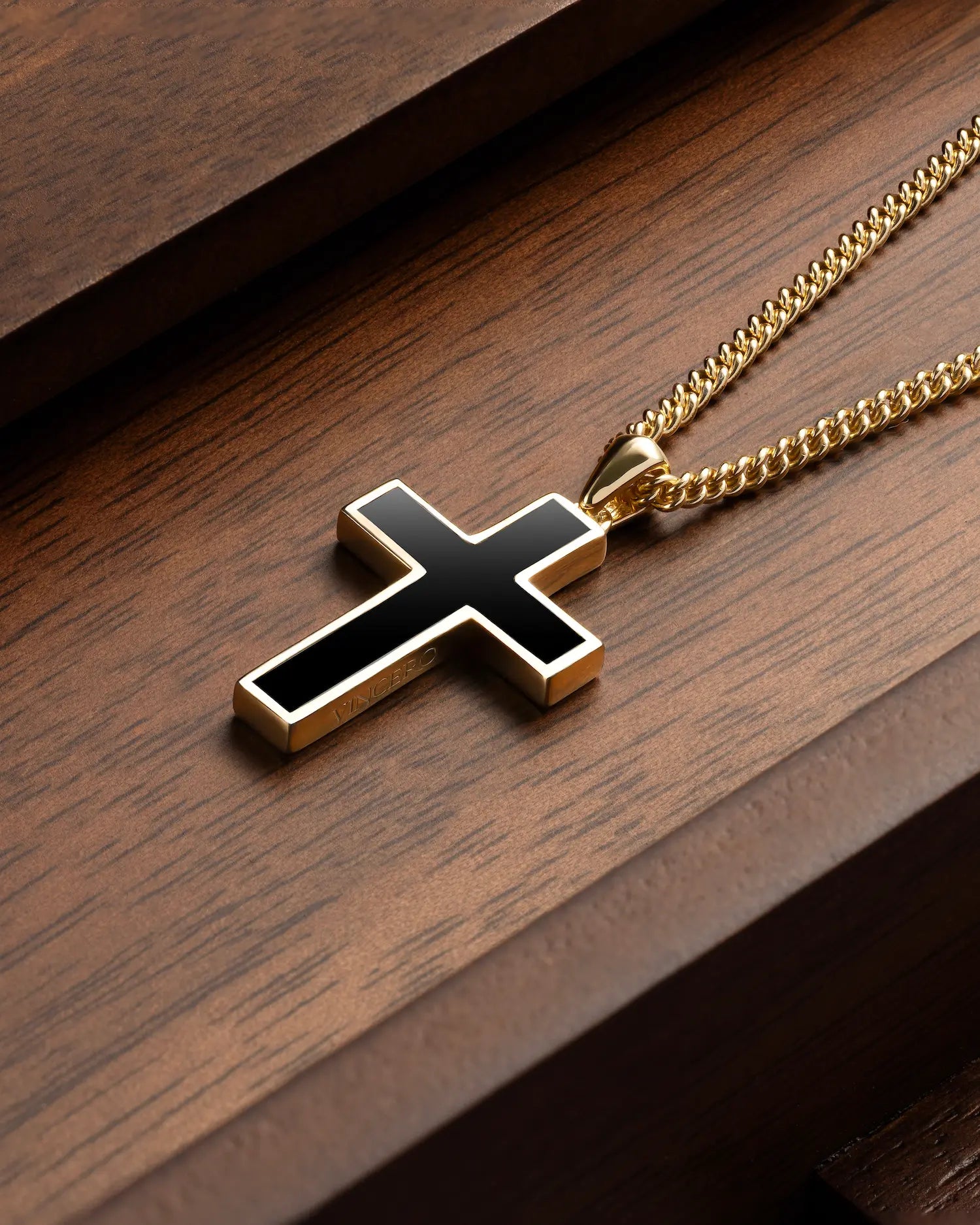  Stone Cross (Large) - 14K Gold Onyx