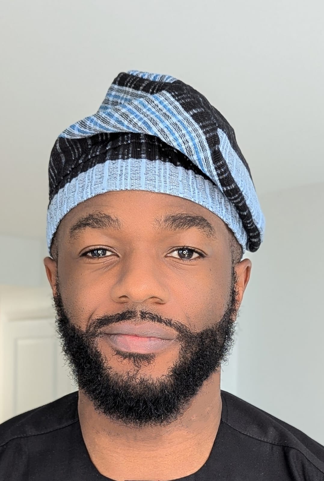 Dupsie's Alabere Light-Blue and Dark-Blue Striped African Aso Oke Fila Cap Kufi Hat DPAHLDB3、mySite、solidvoid
