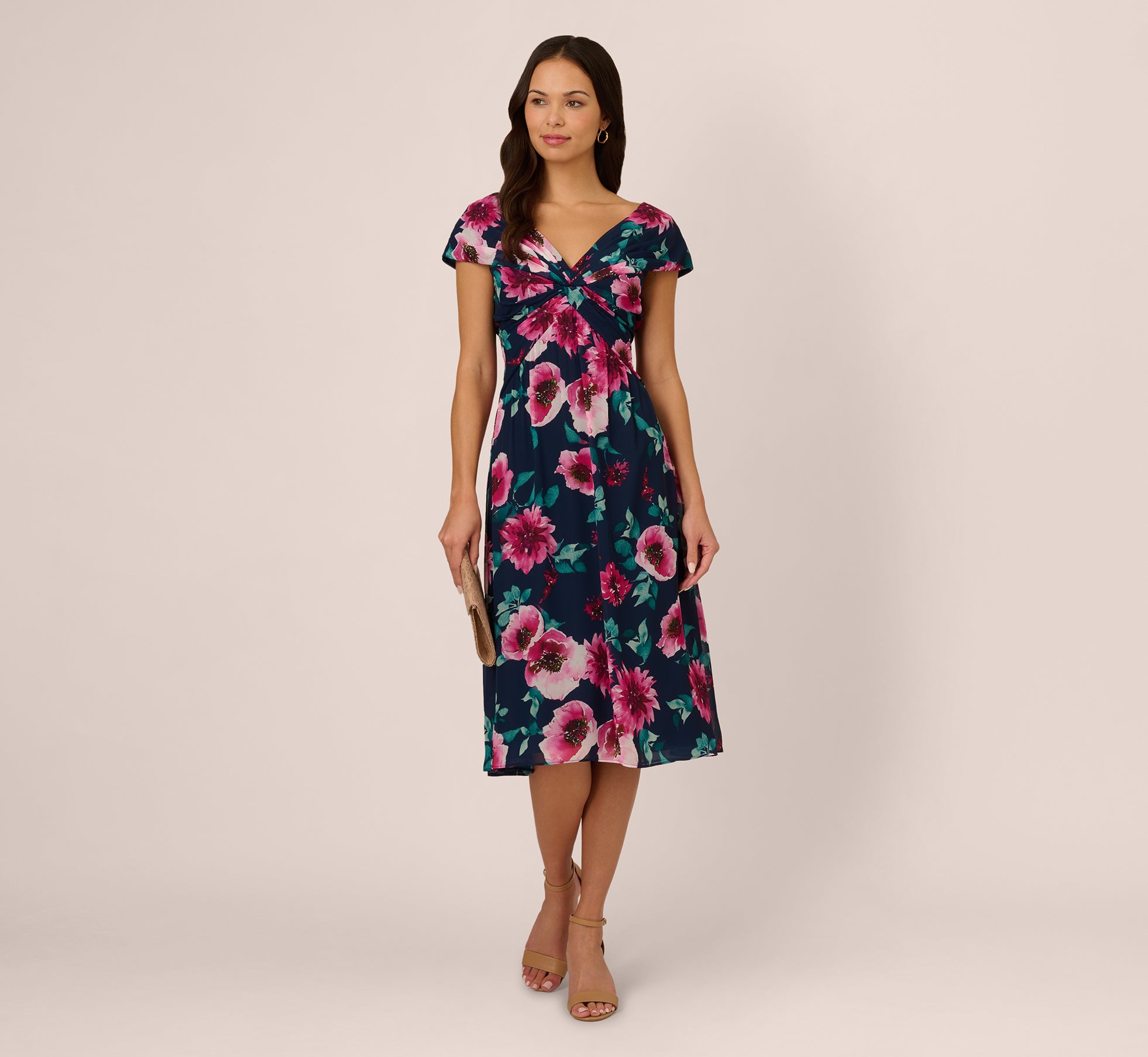 Cap Sleeve Floral Chiffon A Line Midi Dress In Navy Pink Multi、mySite、solidvoid