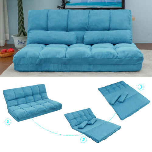 Double Chaise Lounge Sofa Floor Couch and Sofa with Two Pillows (Blue)、、casual