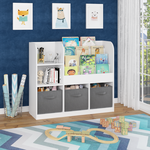 Kids Bookcase and Bookshelf, Multifunctional Bookcase with 3 Collapsible Fabric Drawers, Bookcase Display Stand, Toy Storage Organizer for Bedroom, Playroom, Hallway (White/Gray)、、casual