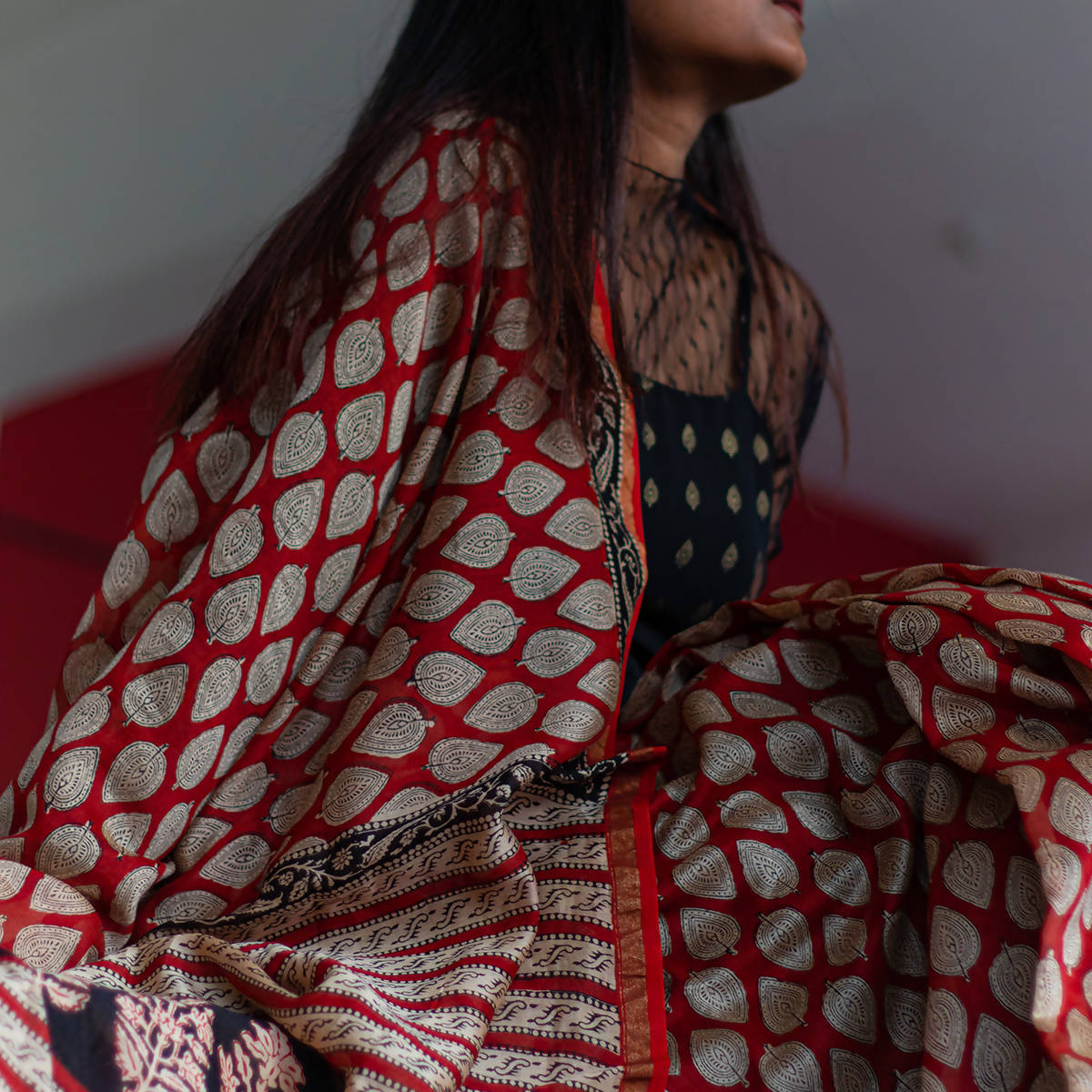 Festive Wear | Chanderi Handblock Printed Bagru Saree | Red、mySite、camillekostekn