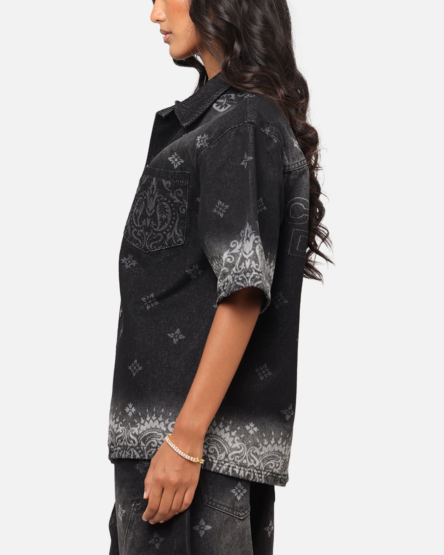 Criminal Damage Laser Print Denim Button Up Shirt Washed Black、mySite、zt4zffjzw