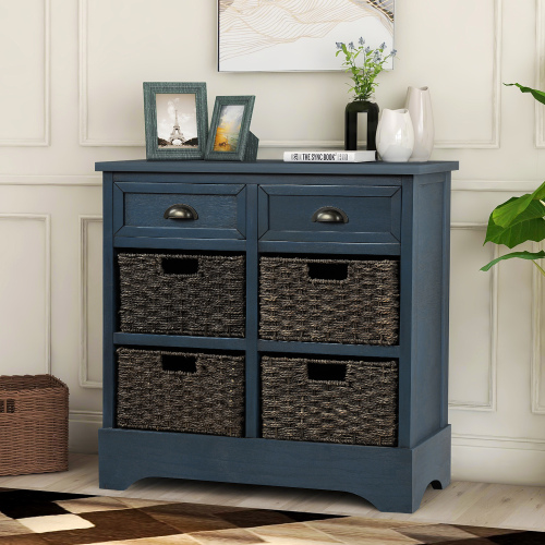 TREXM Rustic Storage Cabinet with Two Drawers and Four Classic Rattan Basket for Dining Room/Entryway/Living Room (Antique Navy)、、casual