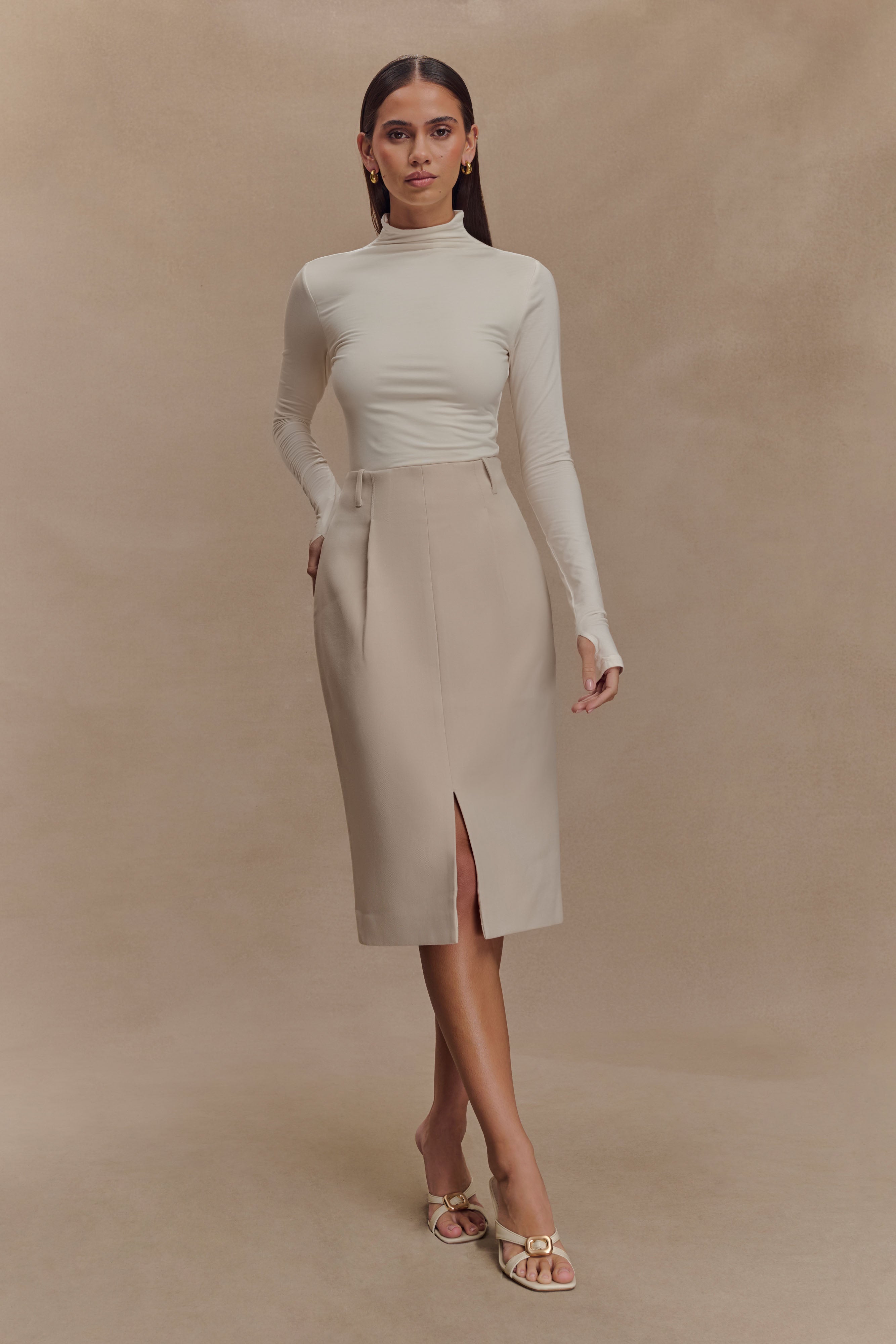 Vera Suiting Split Front Midi Skirt - Ivory Stone、mySite、solidvoid