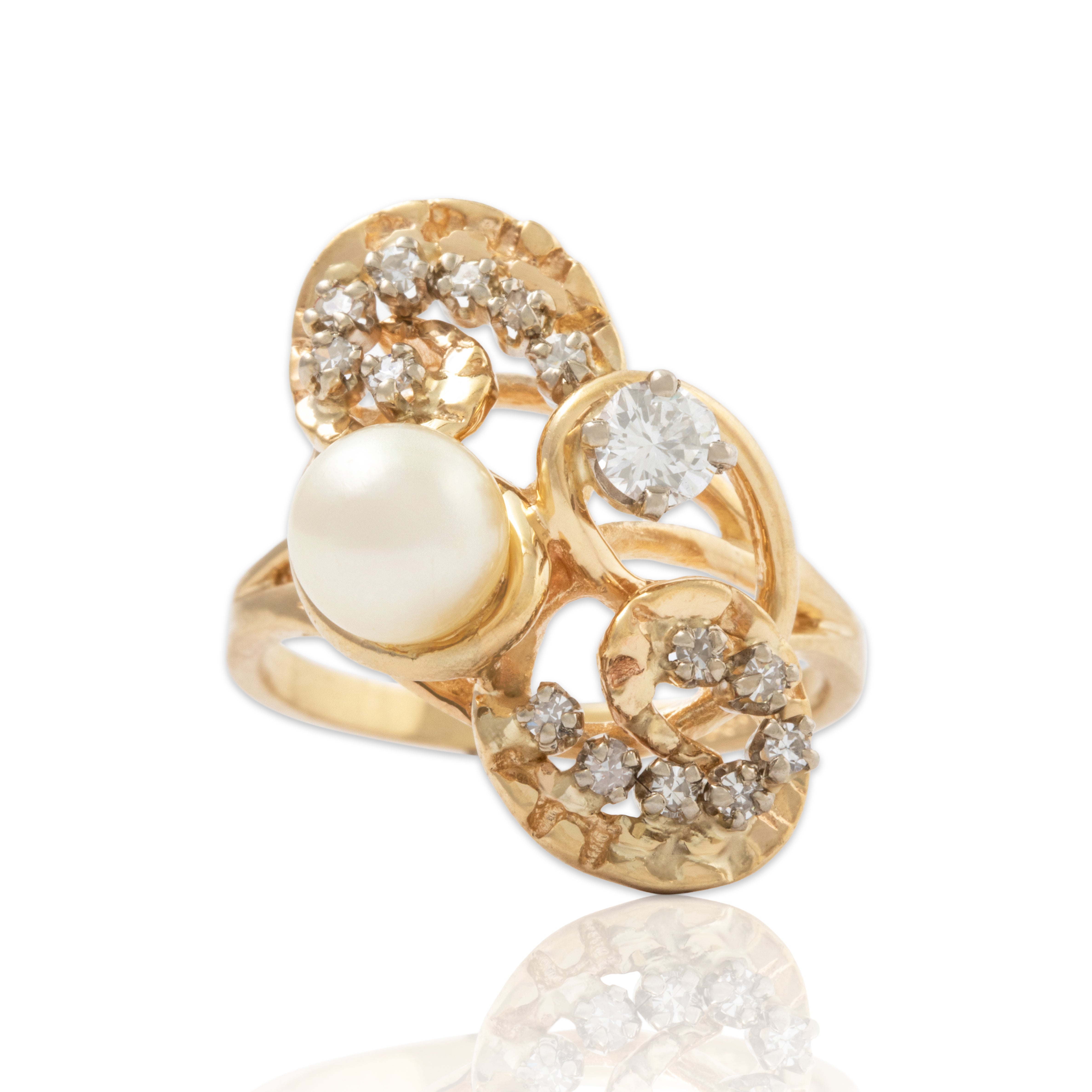 Vintage 14k Yellow Gold Pearl .462cttw Diamond Lustrous Cocktail Ring 7.00、mySite、hinf8tx79