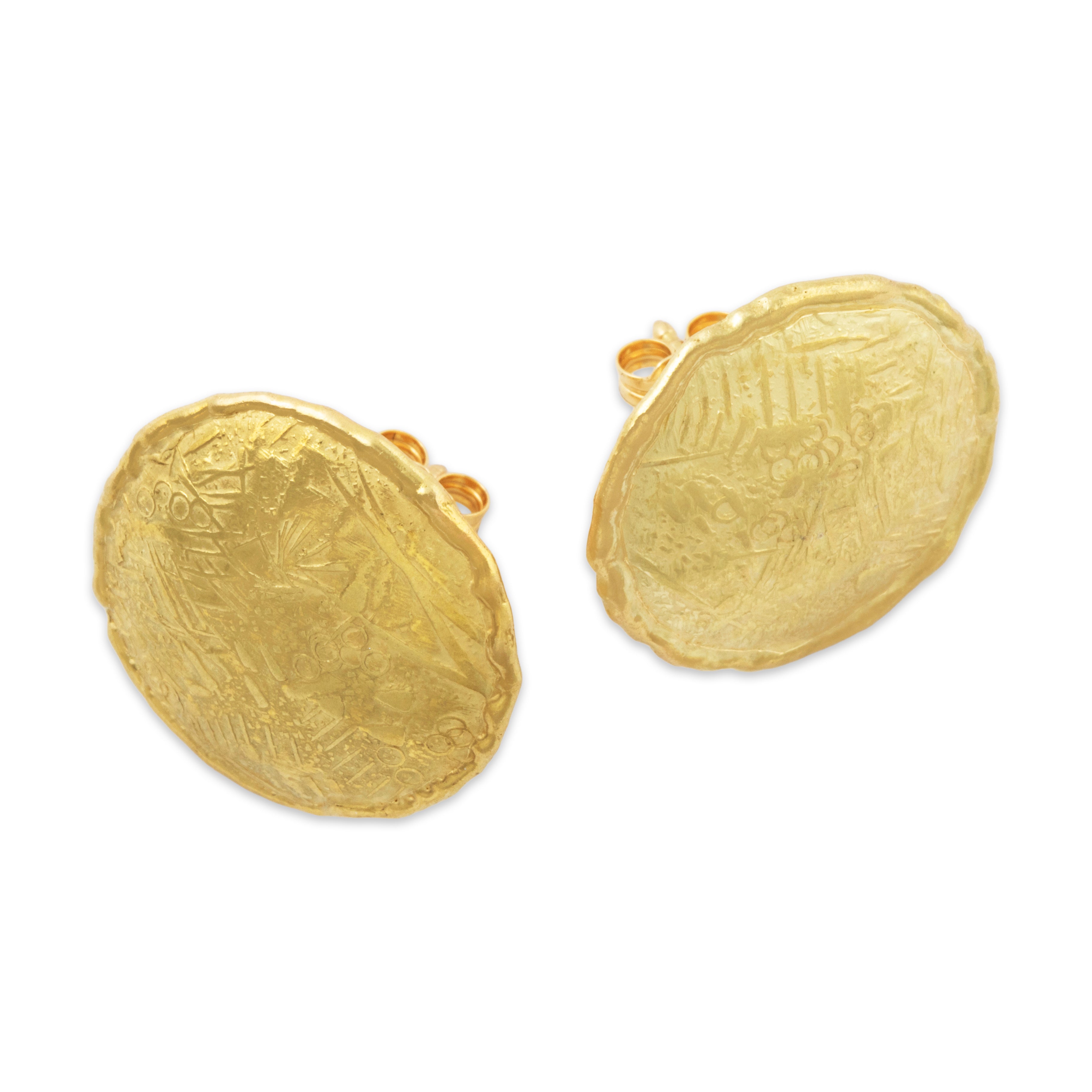 Vintage Italian 18k Yellow Gold Brushed Geometric Motif Statement Stud Earrings、mySite、hinf8tx79