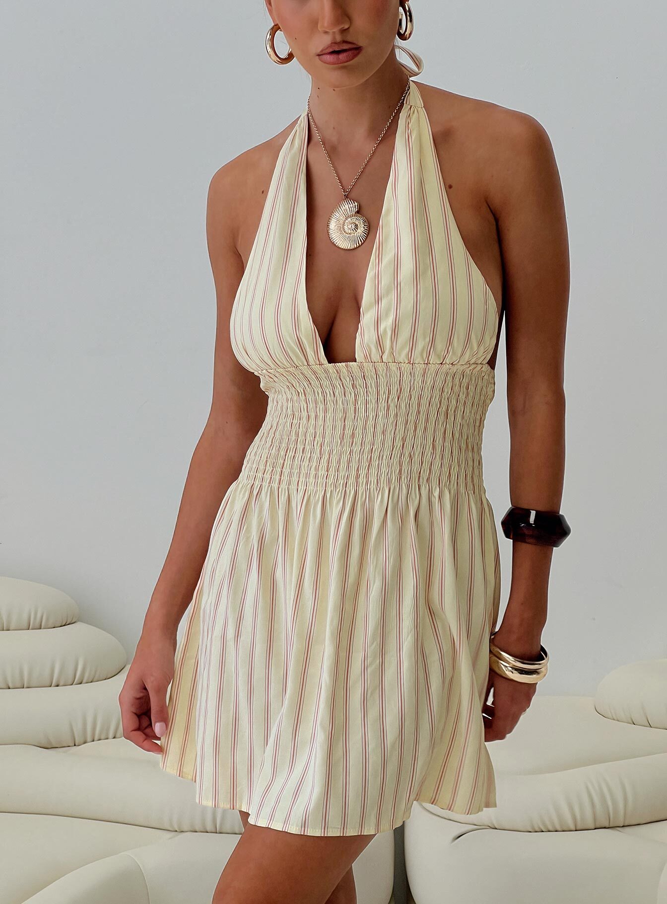 Alivea Shirred Mini Dress Cream、mySite、solidvoid