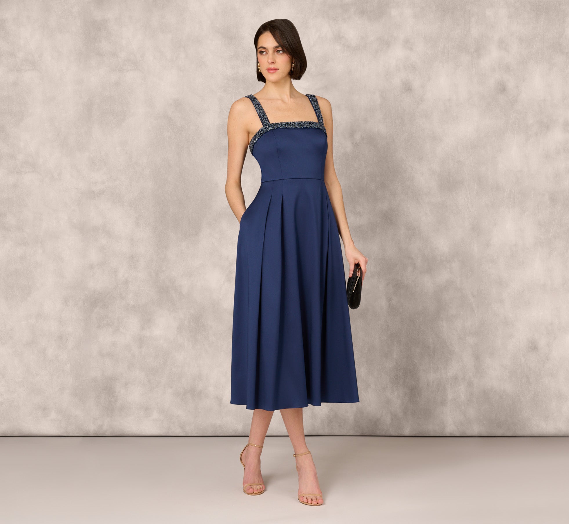Stretch Mikado Midi Dress With Beaded Neckline And Straps In Navy、mySite、solidvoid