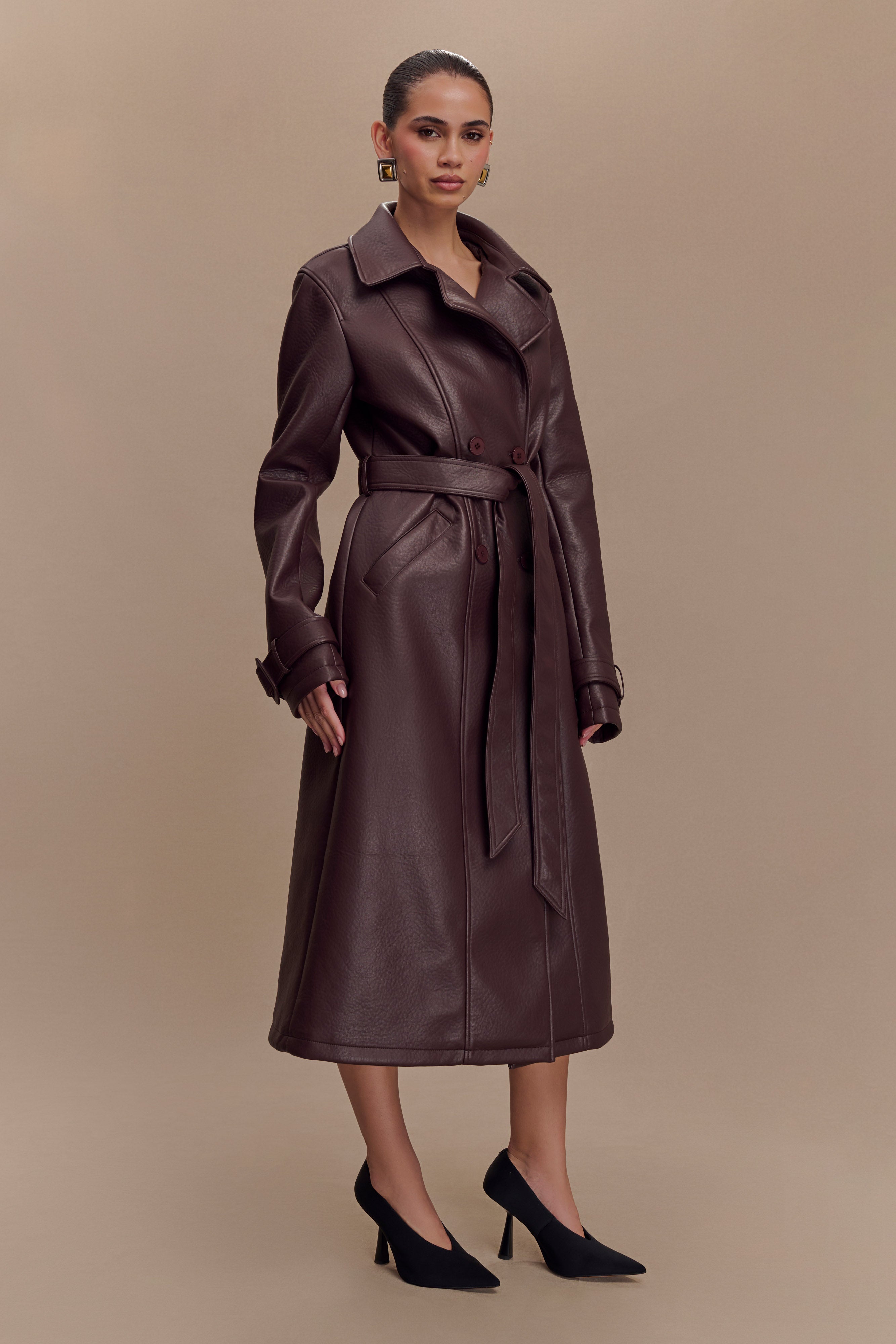 Tarah Faux Leather Trench Coat - Cacao Brown、mySite、solidvoid