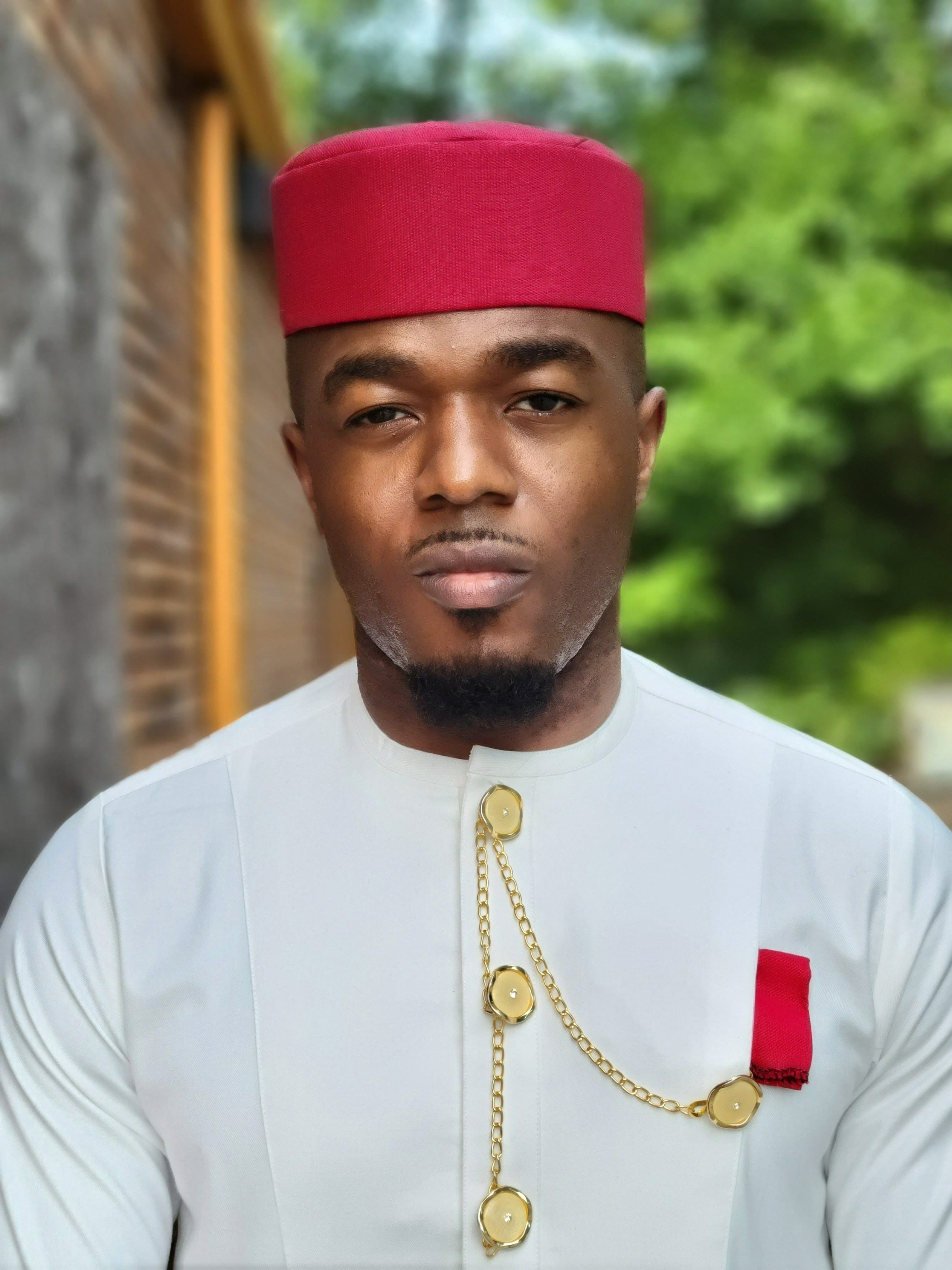 Red Ejiji African Handwoven Aso Oke Kufi Hat for Men DPHEJ200、mySite、solidvoid