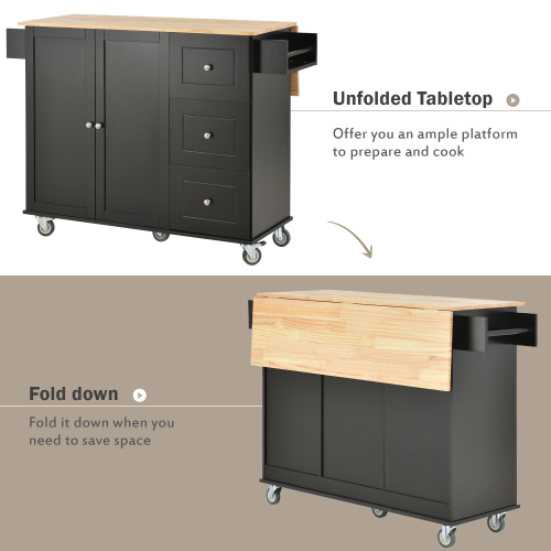 Rolling Mobile Kitchen Island with Solid Wood Top and Locking Wheels,52.7 Inch Width,Storage Cabinet and Drop Leaf Breakfast Bar,Spice Rack, Towel Rack & Drawer (Black)、、casual
