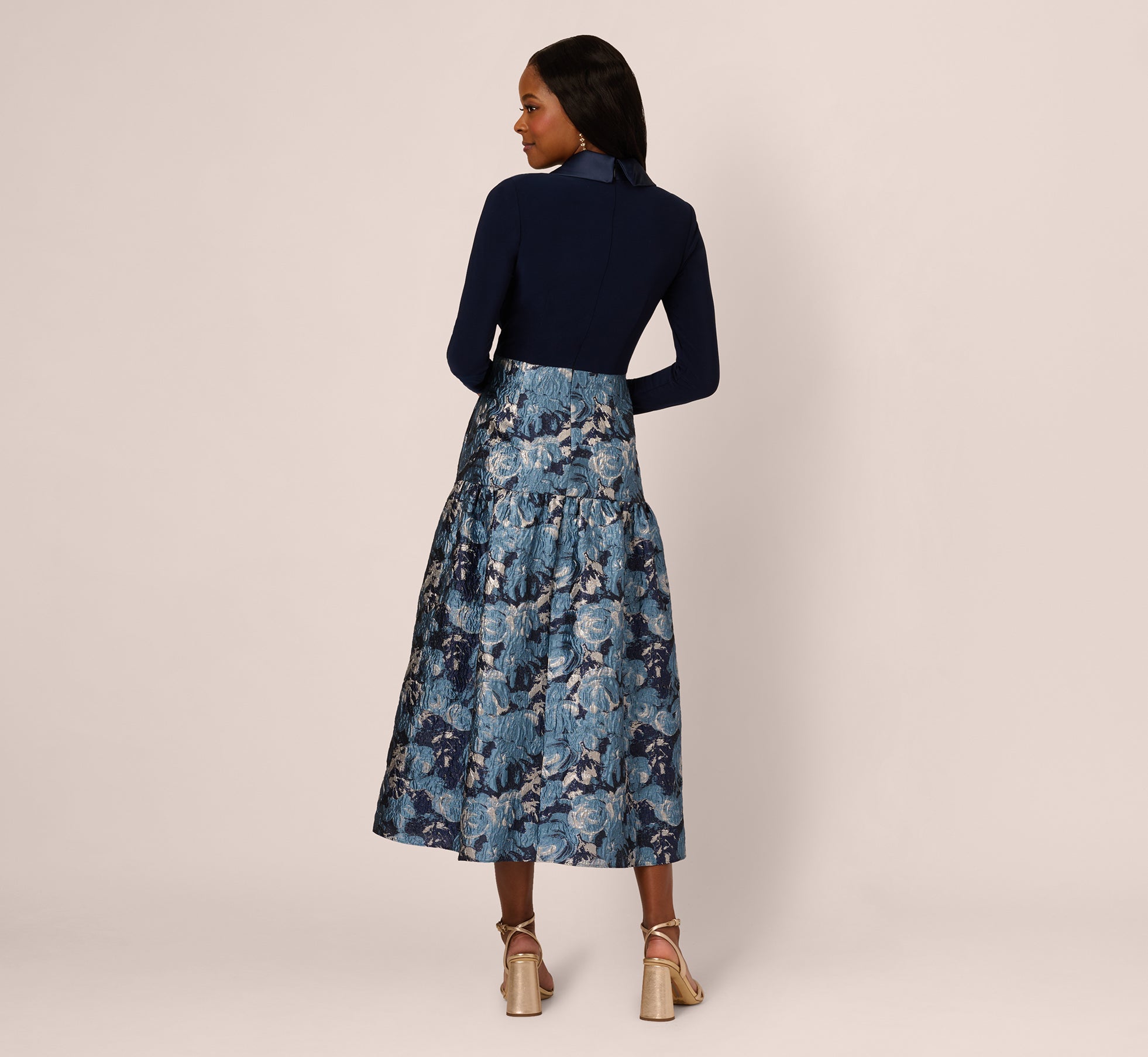 Long Sleeve Tuxedo Jacquard Combo Gown In Midnight Multi、mySite、solidvoid