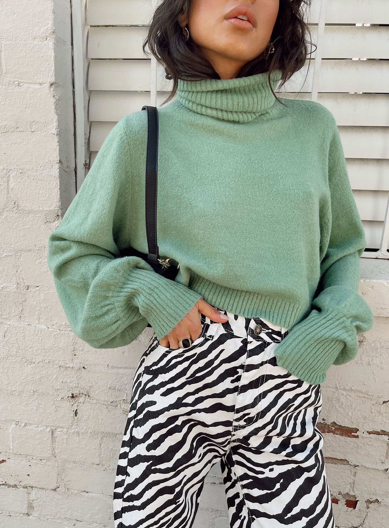 Zahara Cropped Turtleneck Sweater Green Petite、mySite、solidvoid