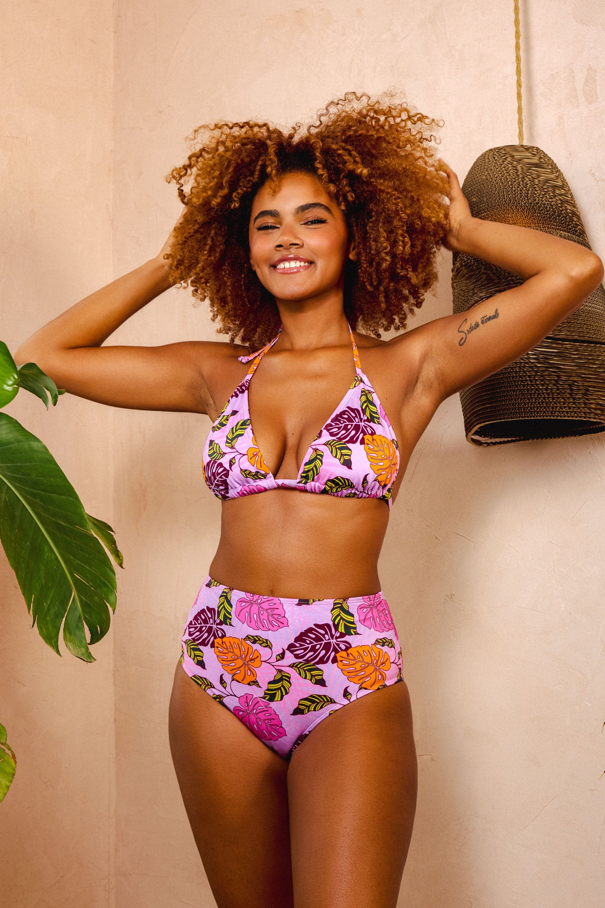Riley Mix & Match Pink Palm Print High Waisted Bikini Bottom、mySite、bengalsvssteelers