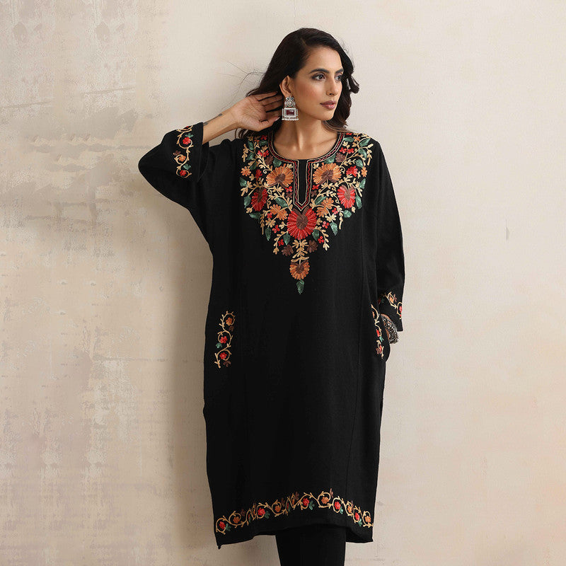 Woolen Kurta For Women | Floral Embroidered | Black、mySite、camillekostekn