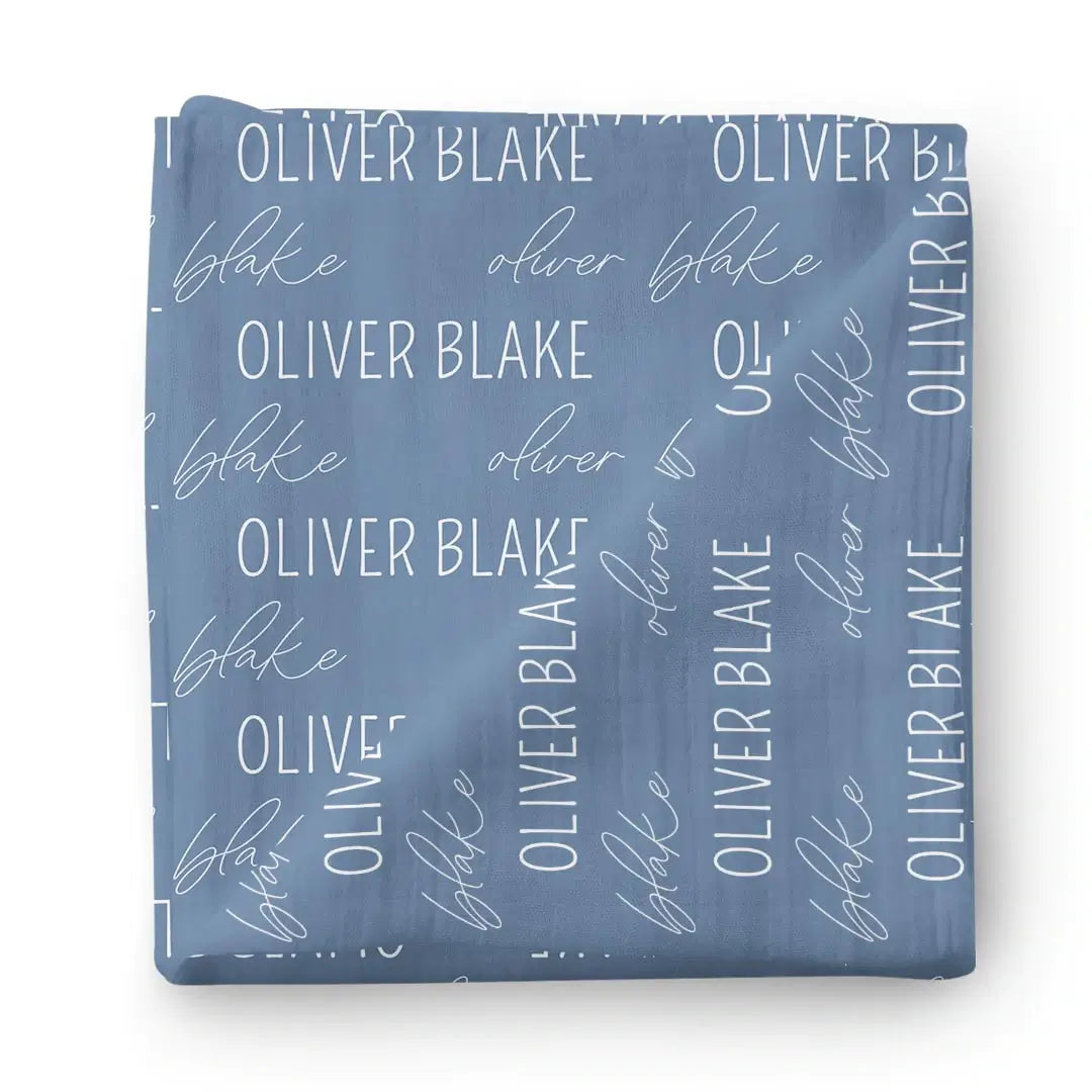  Personalized Steel Blue Baby Name Swaddle Blanket | Block Script、mySite、layawaytickets