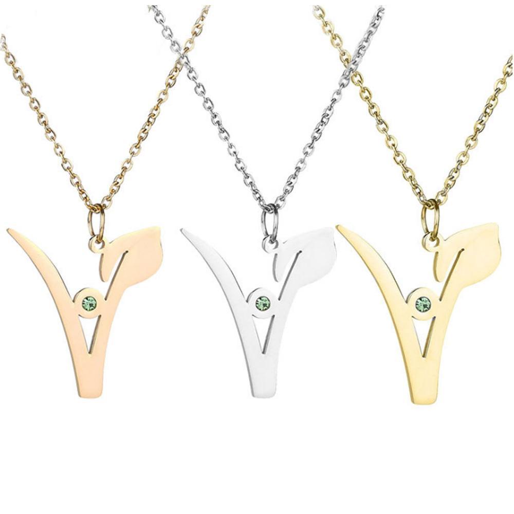 V Stainless Steel Pendant with Green Stone, Rose, White or Yellow Gold Plated、mySite、g9winljtr