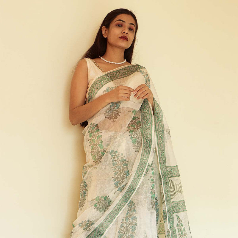 Festive Wear | Handblock Printed Kota Doria Saree | White、mySite、camillekostekn