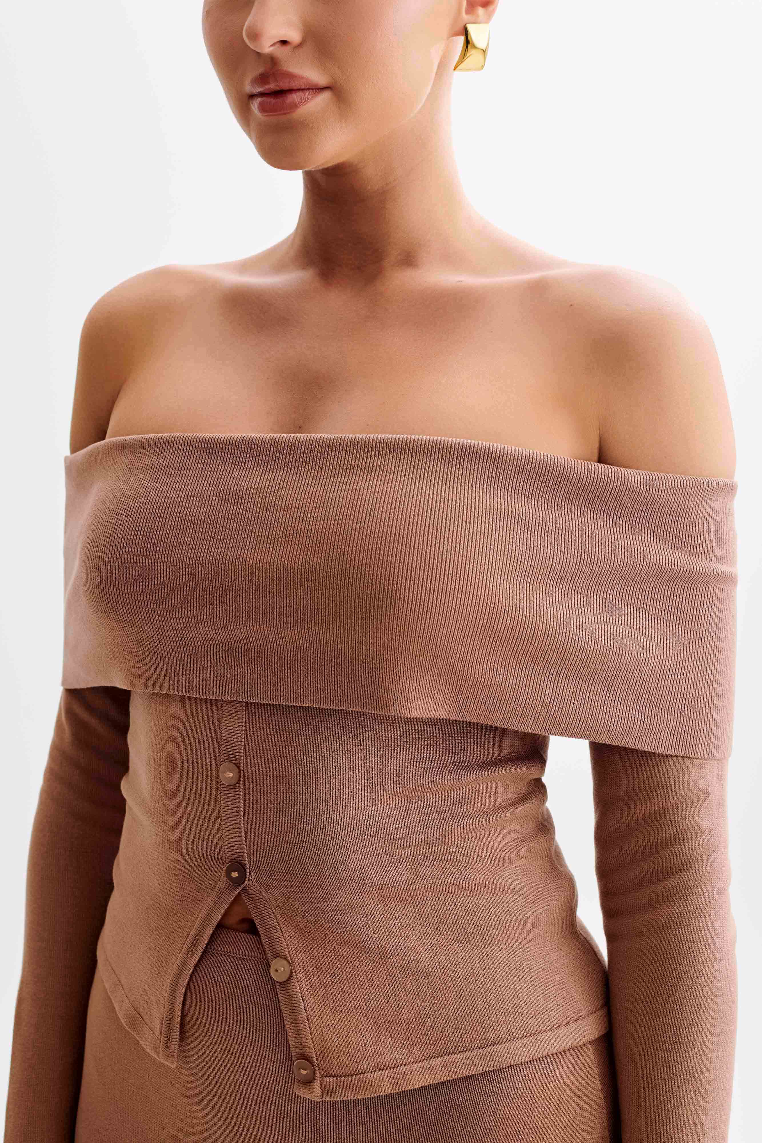 Diedre Buttoned Off Shoulder Knit Top - Pecan、mySite、solidvoid