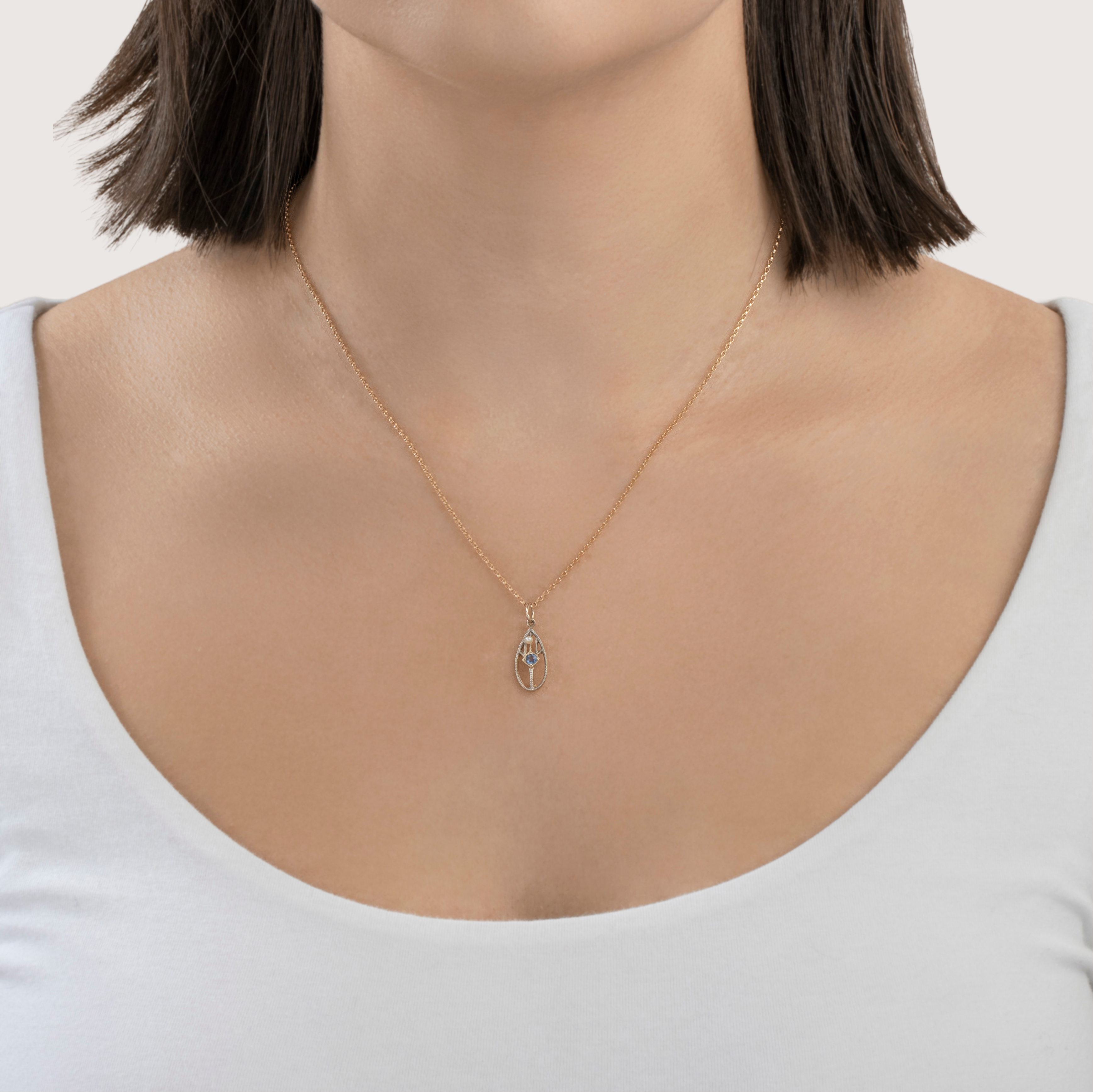 Antique 14k White & Yellow Gold Synthetic Sapphire Pearl Pendant、mySite、hinf8tx79