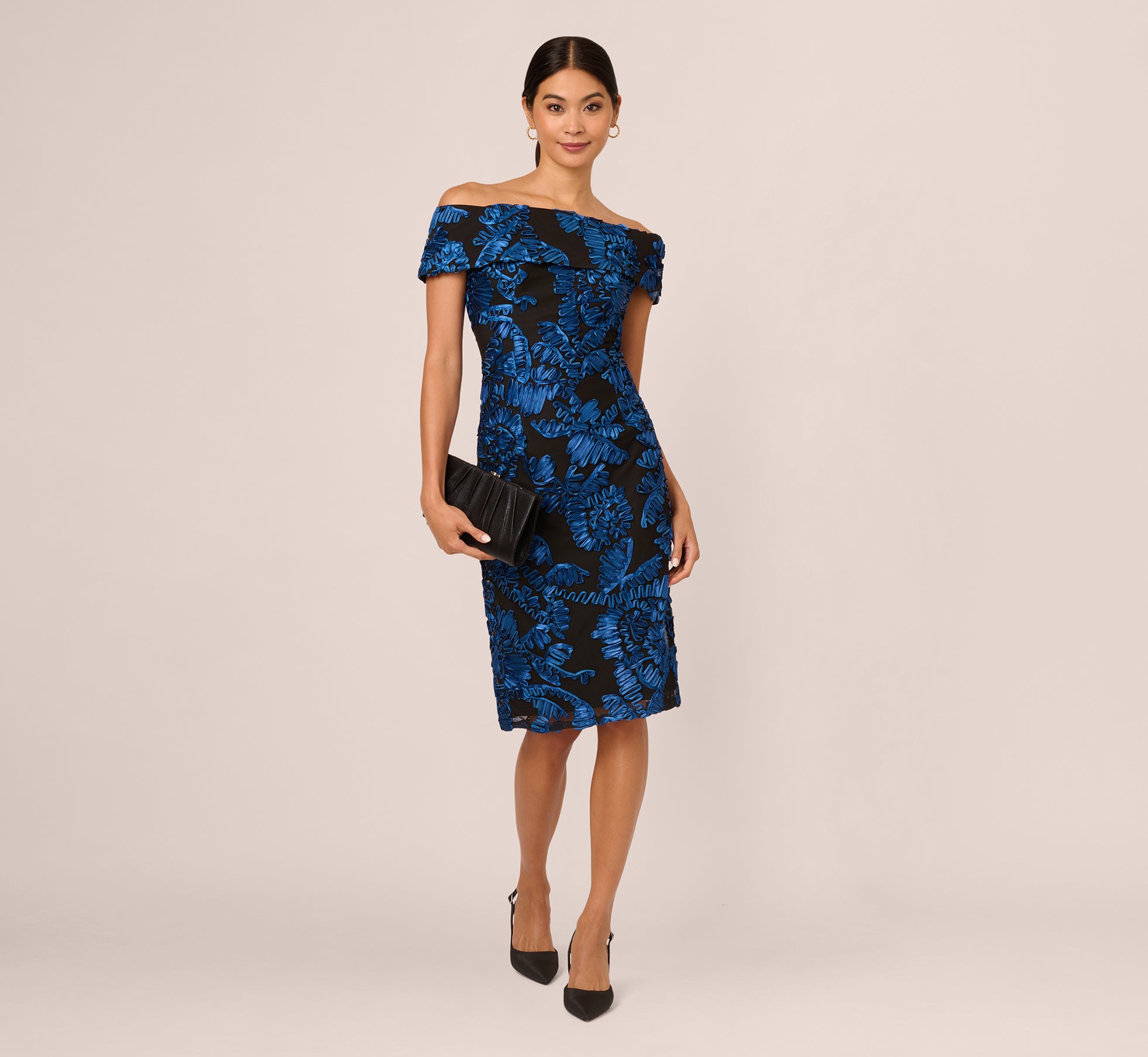 Off Shoulder Soutache Dress In Navy Black、mySite、solidvoid