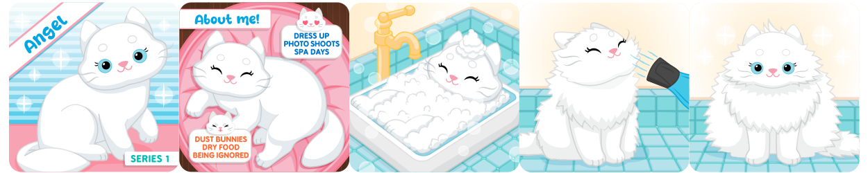 Comic of a white MewMews plush by Aurora: Angel the white kitty plush loves to get pampered!