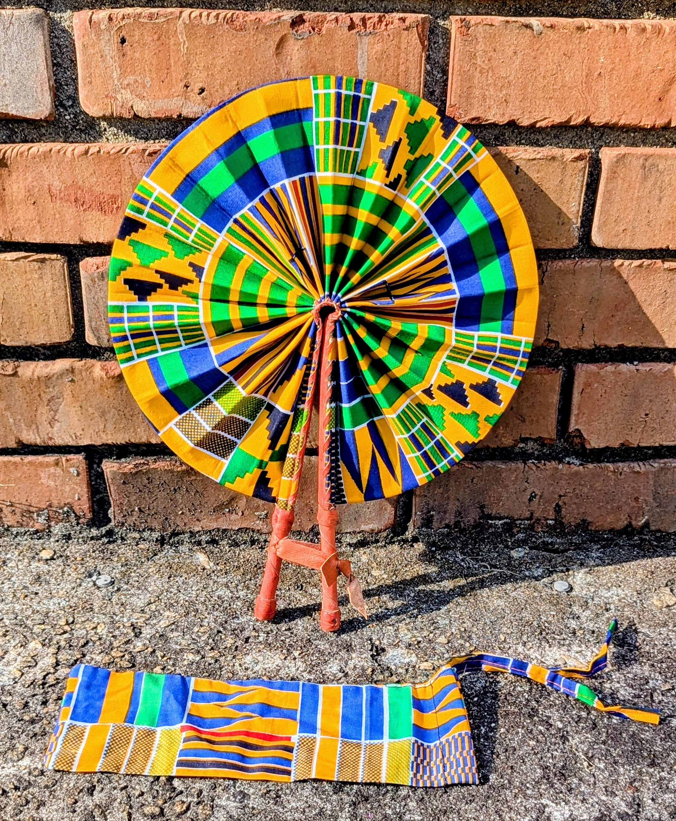 Dupsie's Afiokuma Foldable African Print Kente Hand Fan with leather handle DPPF4075、mySite、solidvoid