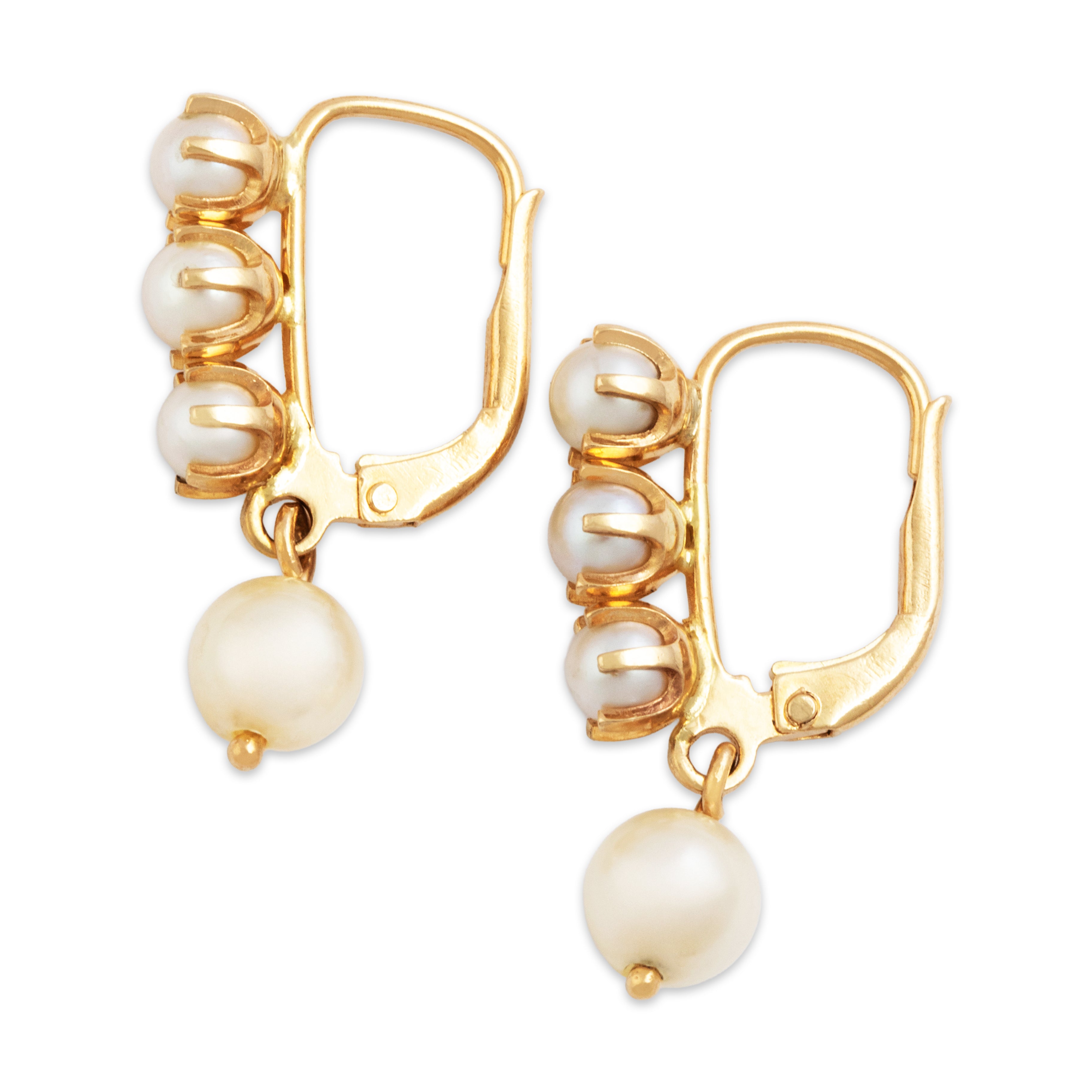 Vintage 14k Yellow Gold Pearl Lustrous Line Dangle Earrings、mySite、hinf8tx79