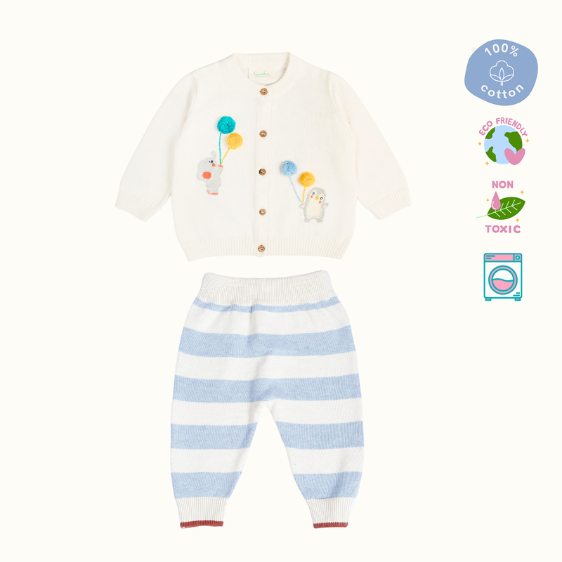 Cotton Sweater & Lower Set | Baby Balloon Printed | White & Blue | Set of 2、mySite、camillekostekn