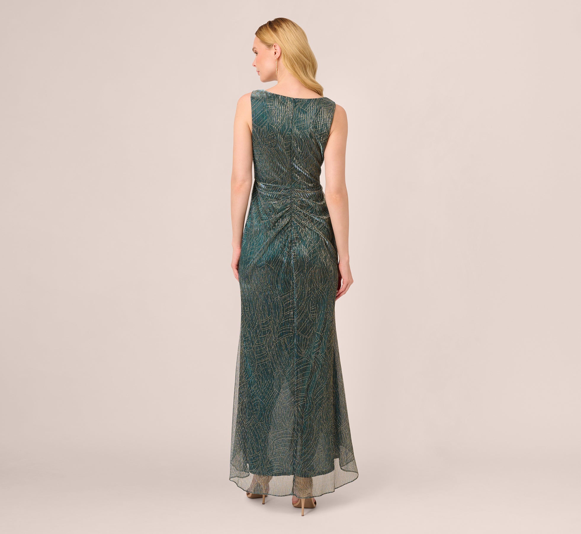 Metallic Mesh Faux Wrap Gown With Ruffle Accents In Evergreen、mySite、solidvoid