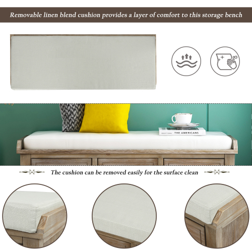 TREXM Rustic Storage Bench with 3 Drawers and 3 Rattan Baskets, Shoe Bench for Living Room, Entryway (White Washed)、、casual