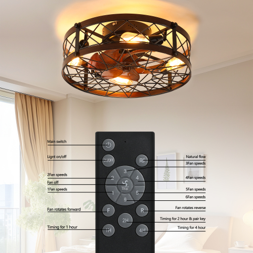 Caged Ceiling Fans with Lights Black, 20 inch Flush Mount Ceiling Fan Light, Farmhouse Small Ceiling Fan with Light Fixture, Reversible Fan for Bedroom (Including E26 bulbs)、、eastwooduniform