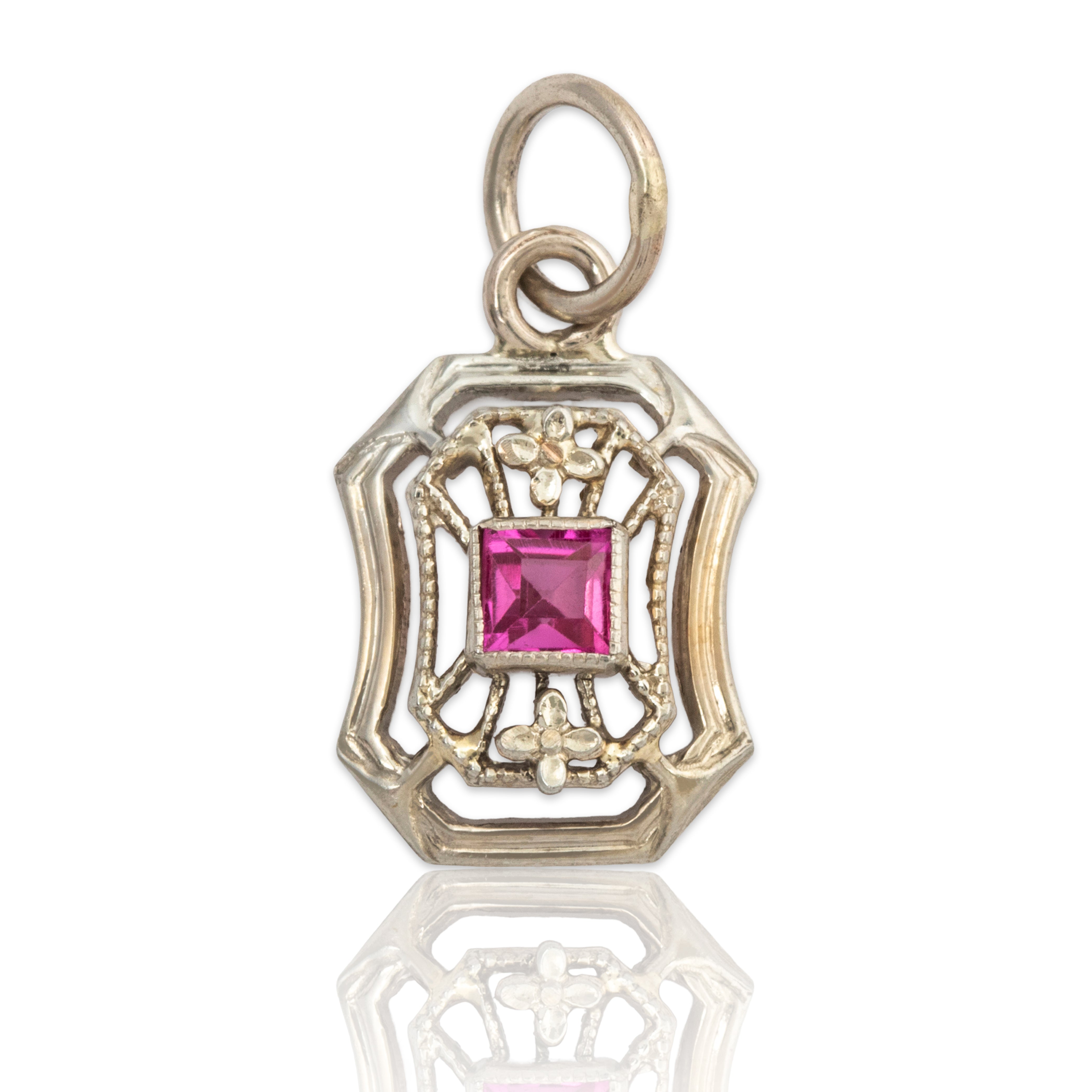 Antique 14k White Gold Synthetic Ruby Floral Charm Pendant、mySite、hinf8tx79