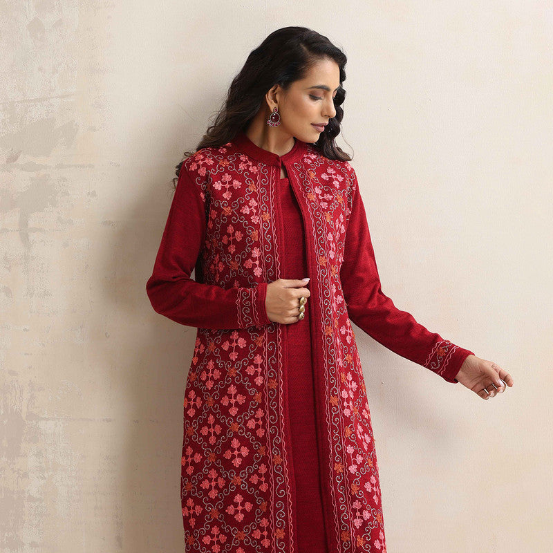 Woolen Kurta Set For Women | Kurta, Pyjama & Jacket | Embroidered | Maroon、mySite、camillekostekn