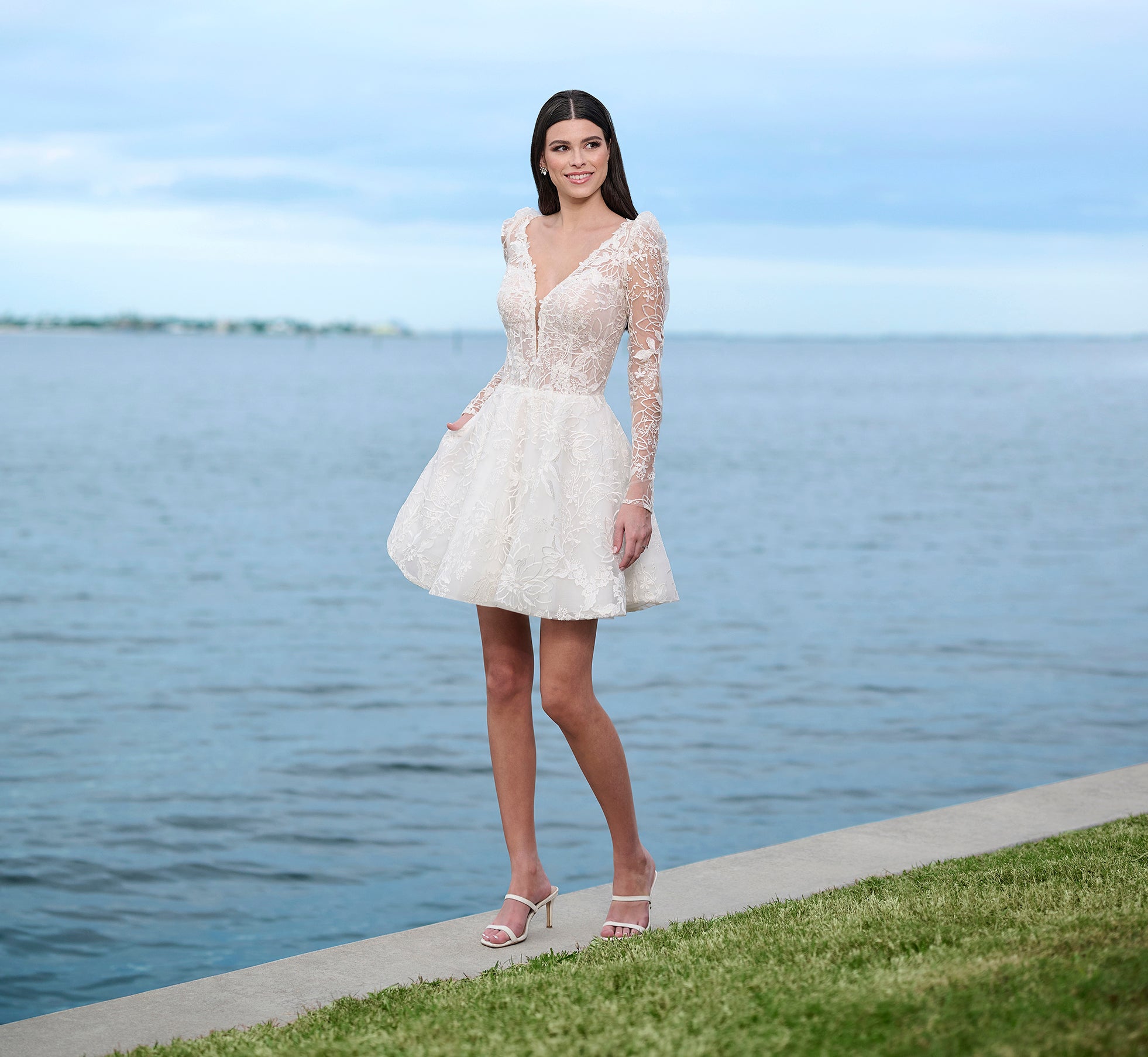 All Over Lace Short Skirt With Slight Puff Shoulders In Ivory Nude、mySite、solidvoid