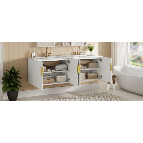 30" Vintage Bathroom Vanity with Ceramic Sink, with 3 Holes Single Ceramic Sink, Bathroom Storage Vanity Cabinet with 2 Soft Closing Doors、、xpatfood