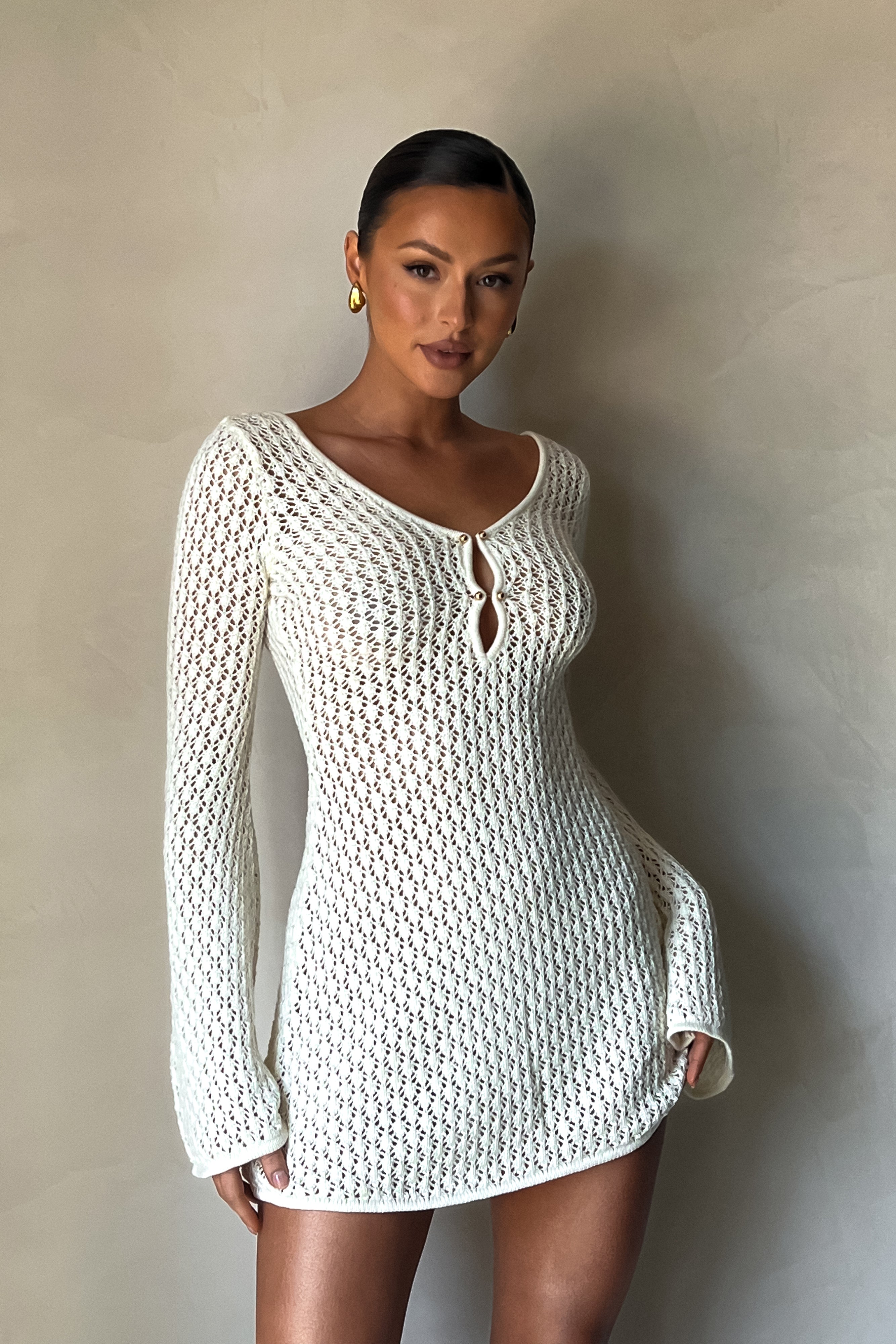 Kayleigh Crochet Knit Mini Dress - White、mySite、solidvoid