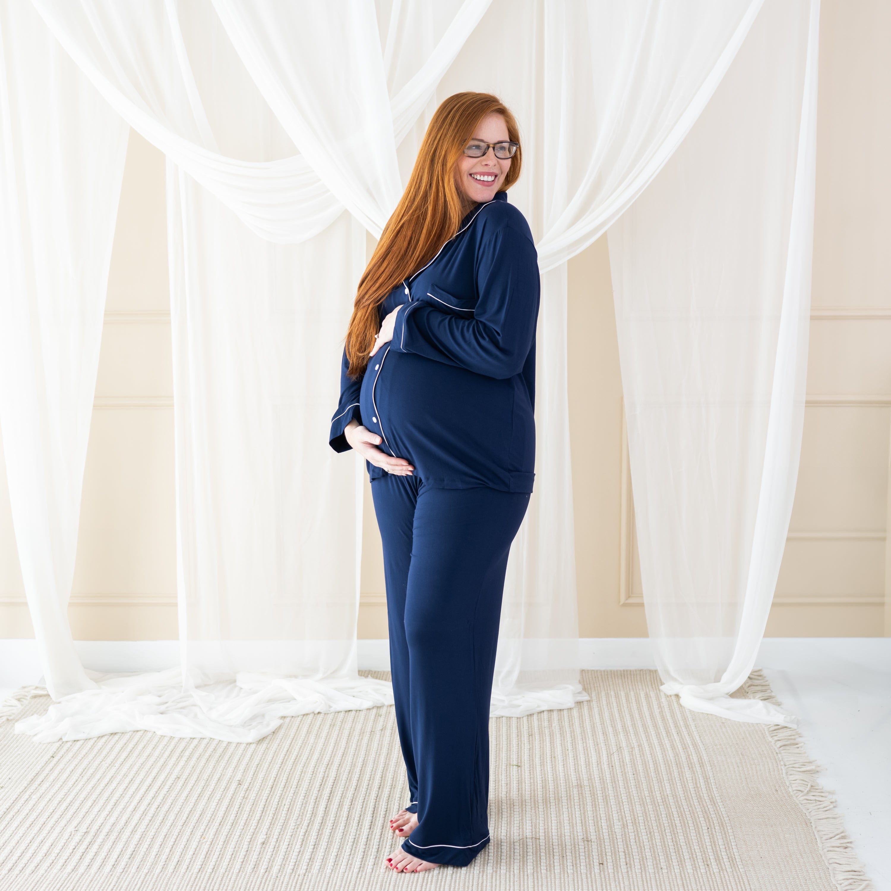  Women's Long Sleeve Pajama Set in Navy with Cloud Trim、mySite、layawaytickets