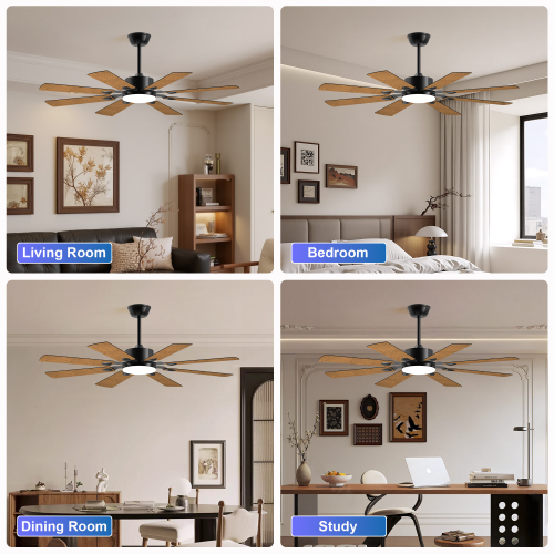 52 Inch Ceiling Fan with Lights and Remote Control, 8 Plywood Blades, 6-Speed Noiseless Reversible DC Motor, 3CCT, Windmill Ceiling fan for Kitchen Bedroom Living Room, Black、、eastwooduniform