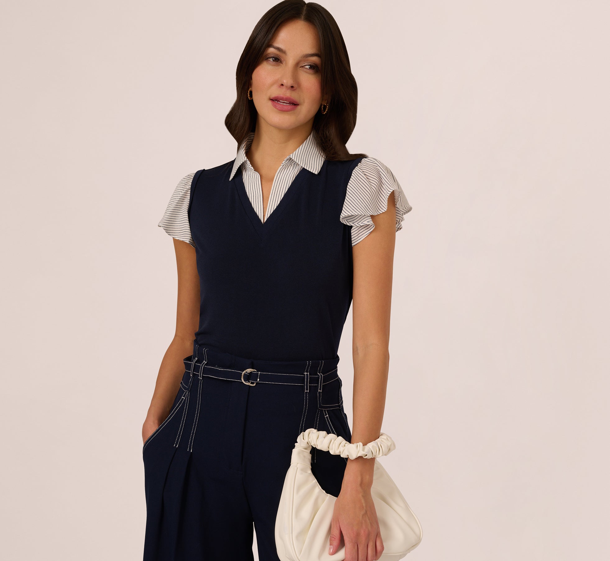 Striped Flutter Sleeve Twofer Sweater Vest Top In Navy W Crosshatch Stripe、mySite、solidvoid