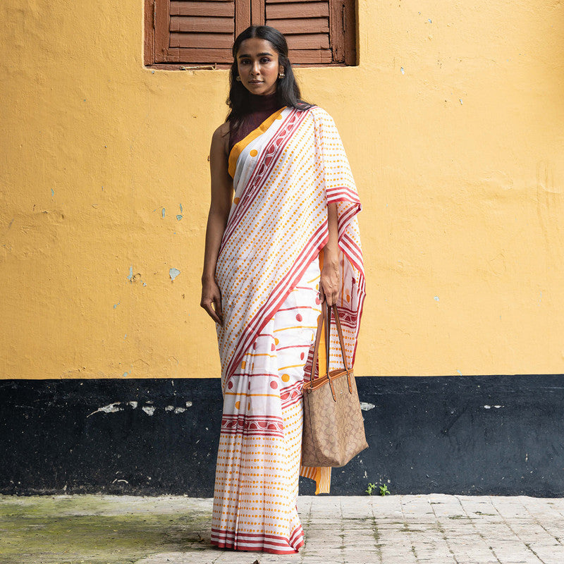 Cotton Saree | Hand Block Print | White & Yellow、mySite、camillekostekn