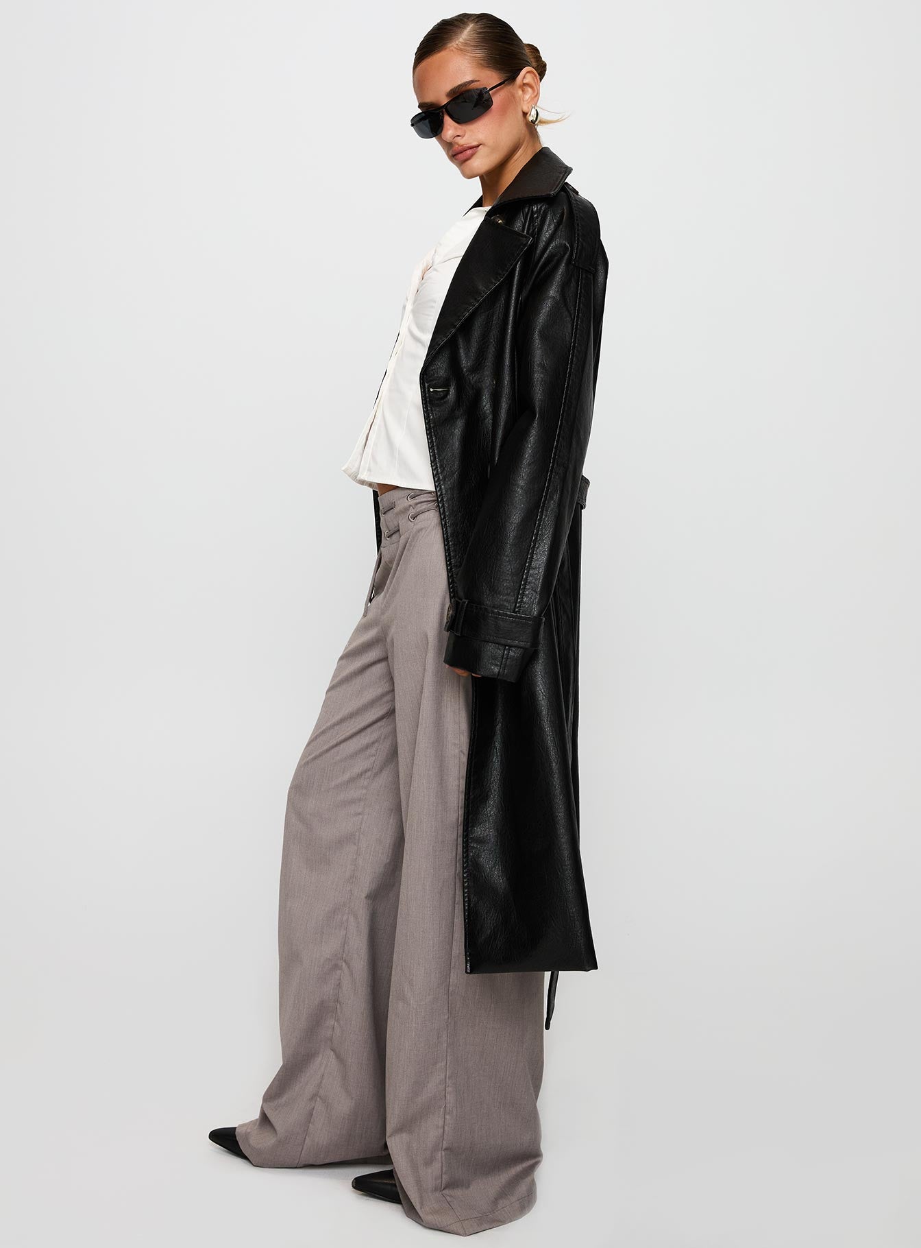 Think Later Faux Leather Trench Coat Black、mySite、solidvoid