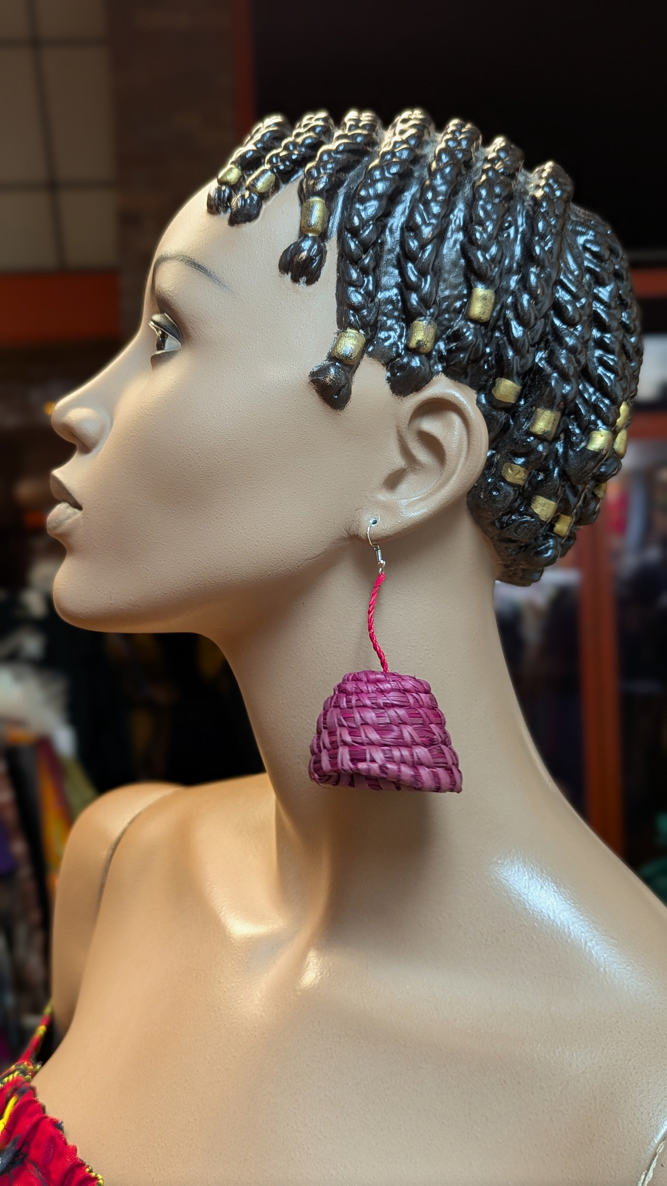 Dupsie's Elegantly Crafted Kujenga Wine Rafia Upside-Down Basket Earrings DPJAEWRB4、mySite、solidvoid