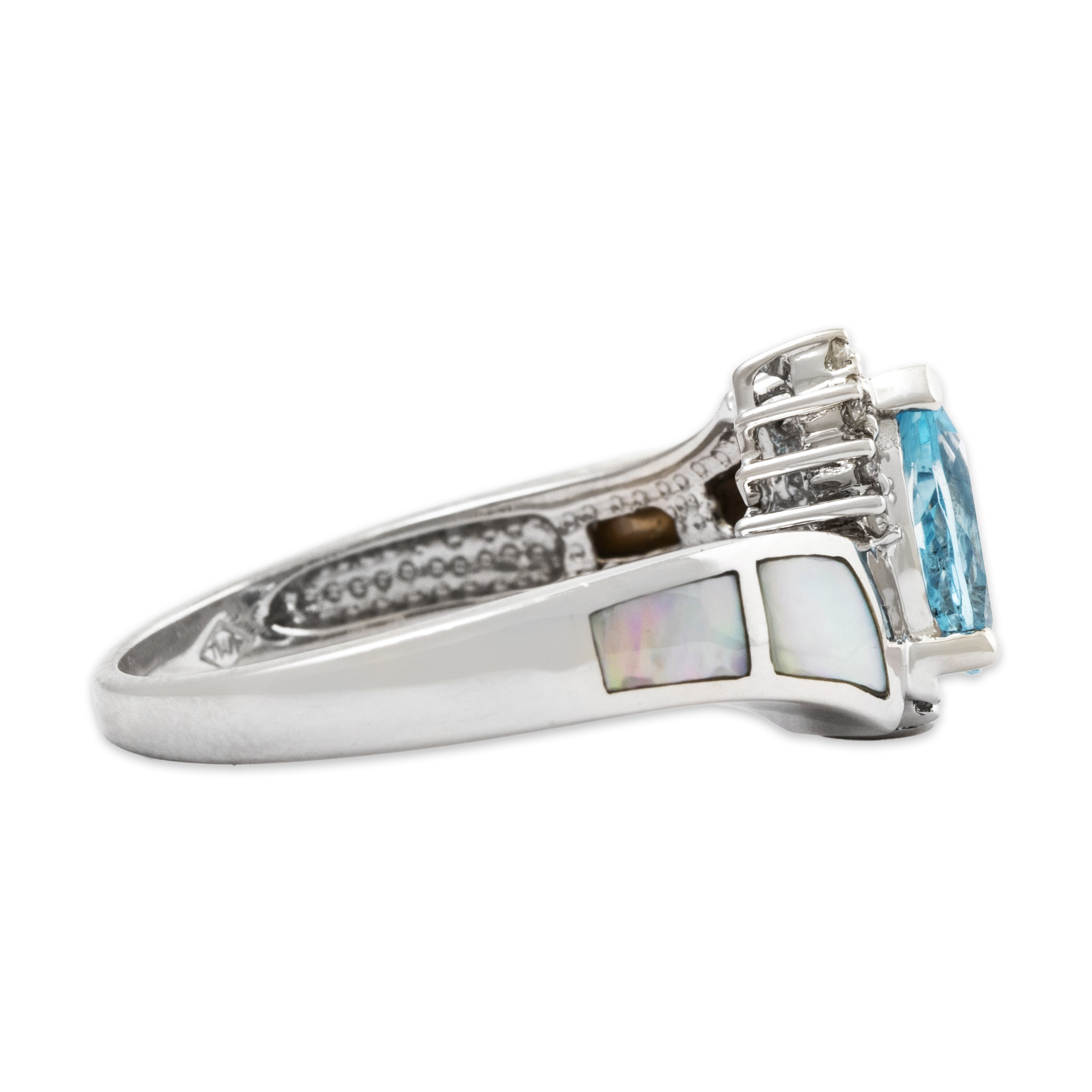 Vintage 10k White Gold Blue Topaz Mother Of Pearl Diamond Bypass Ring 6.75、mySite、hinf8tx79