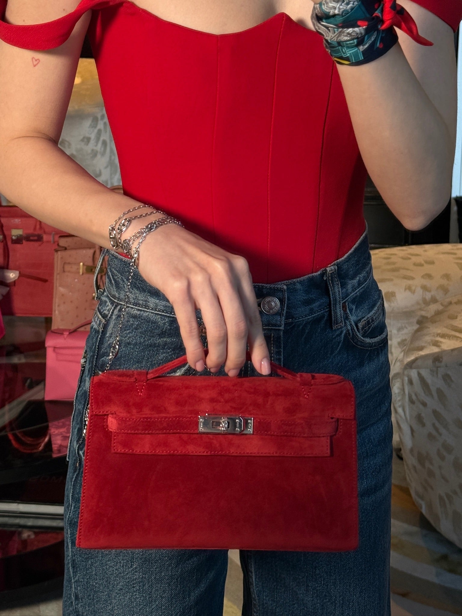 Hermès Exceptional Collection Rubis Veau Doblis Suede Diamond Kelly Pochette with 18k White Gold & Diamond Hardware、mySite、garminoutage.com