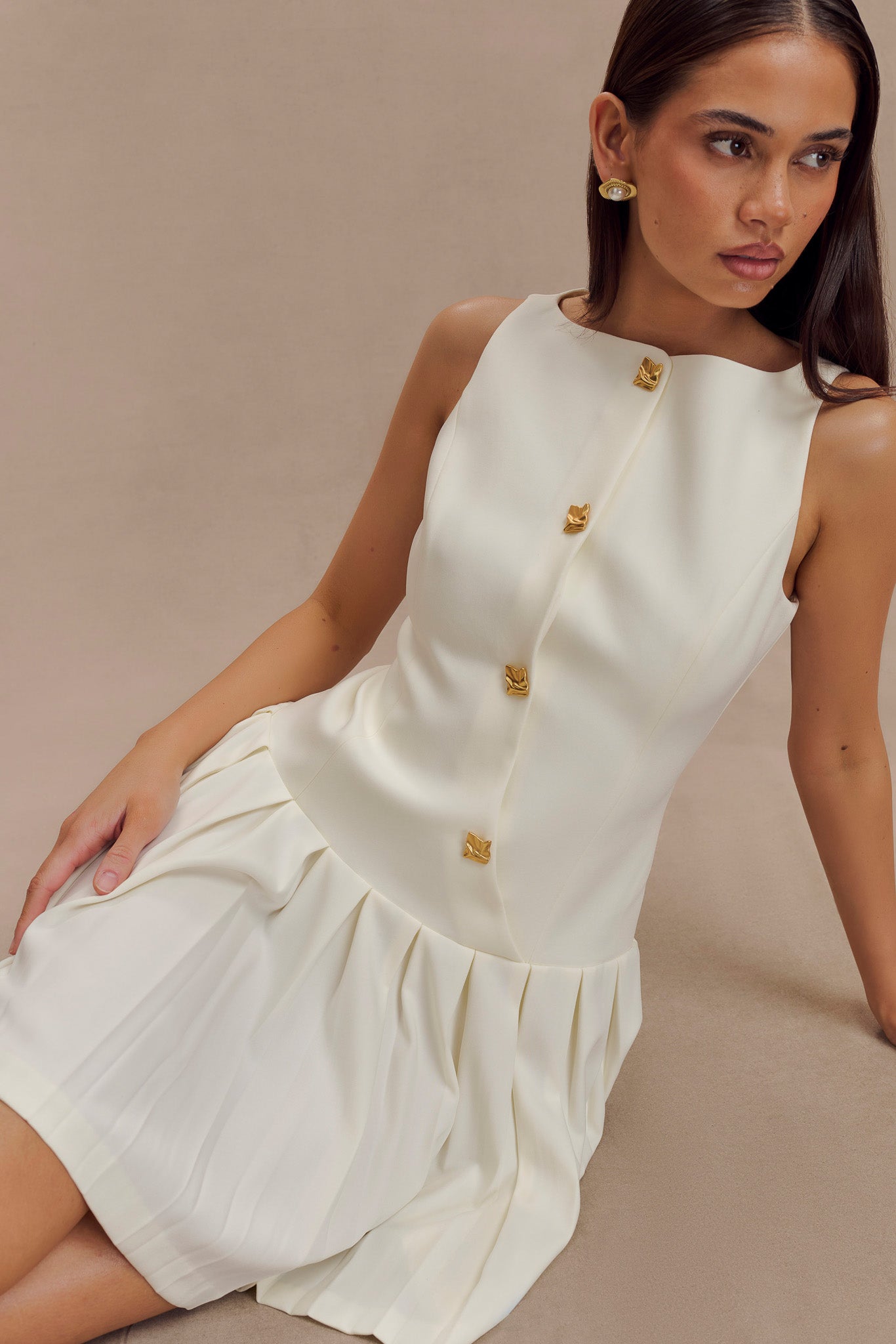 Mackenzie Sleeveless Pleated Mini Dress - Ivory、mySite、solidvoid