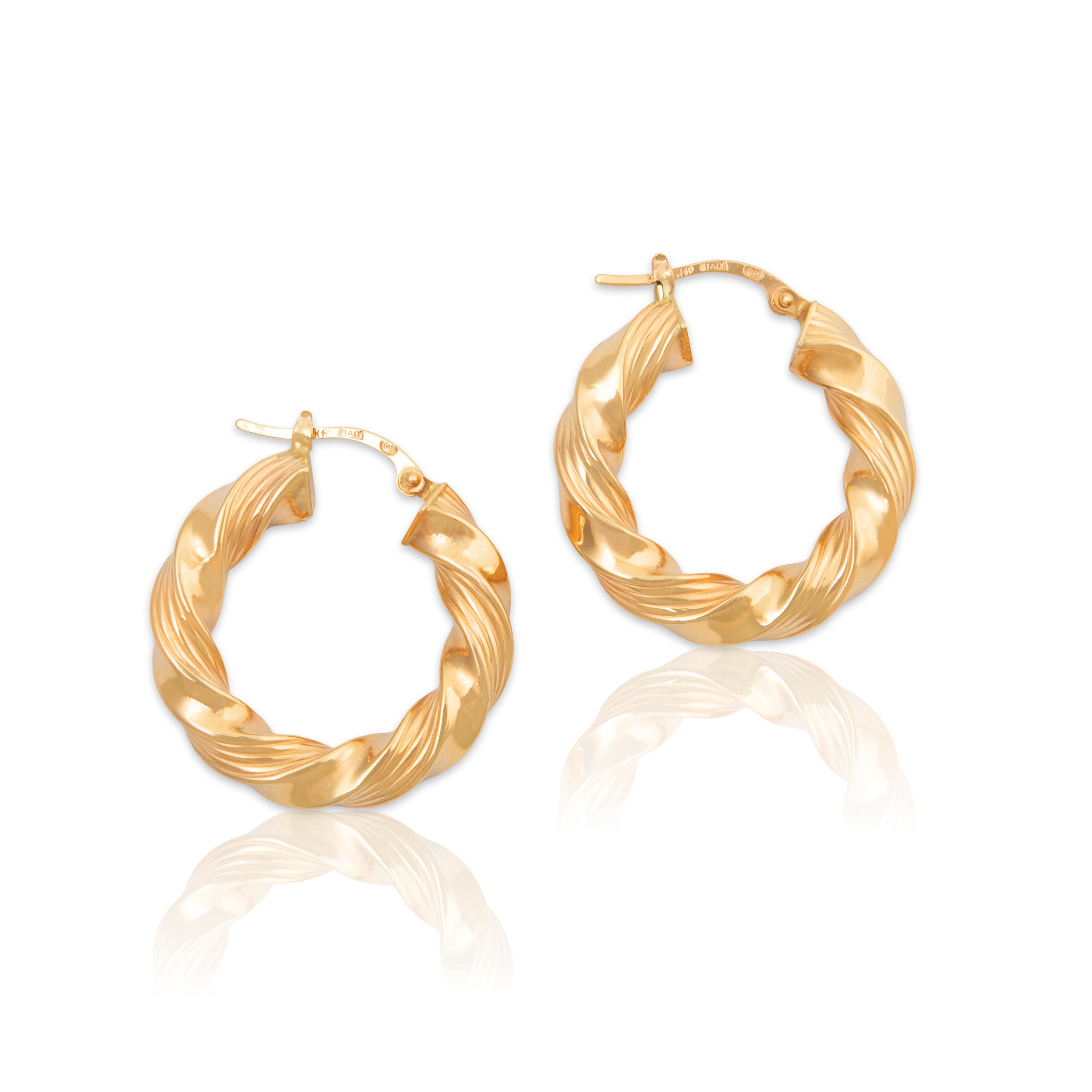 Vintage Italian 14k Yellow Gold Twisting Stripes Hoop Earrings、mySite、hinf8tx79