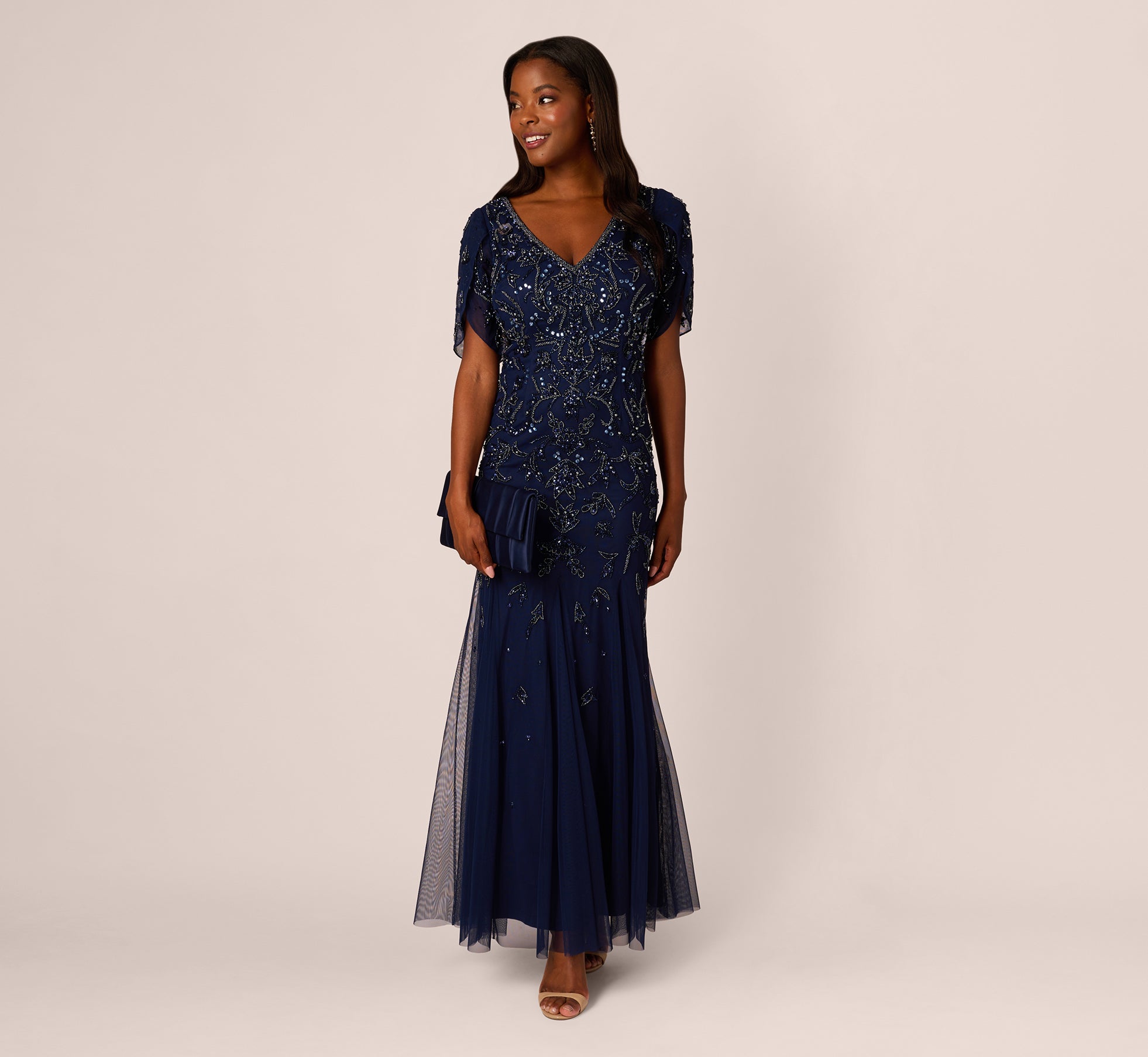 Beaded Mermaid Gown With Sheer Petal Sleeves In Light Navy、mySite、solidvoid