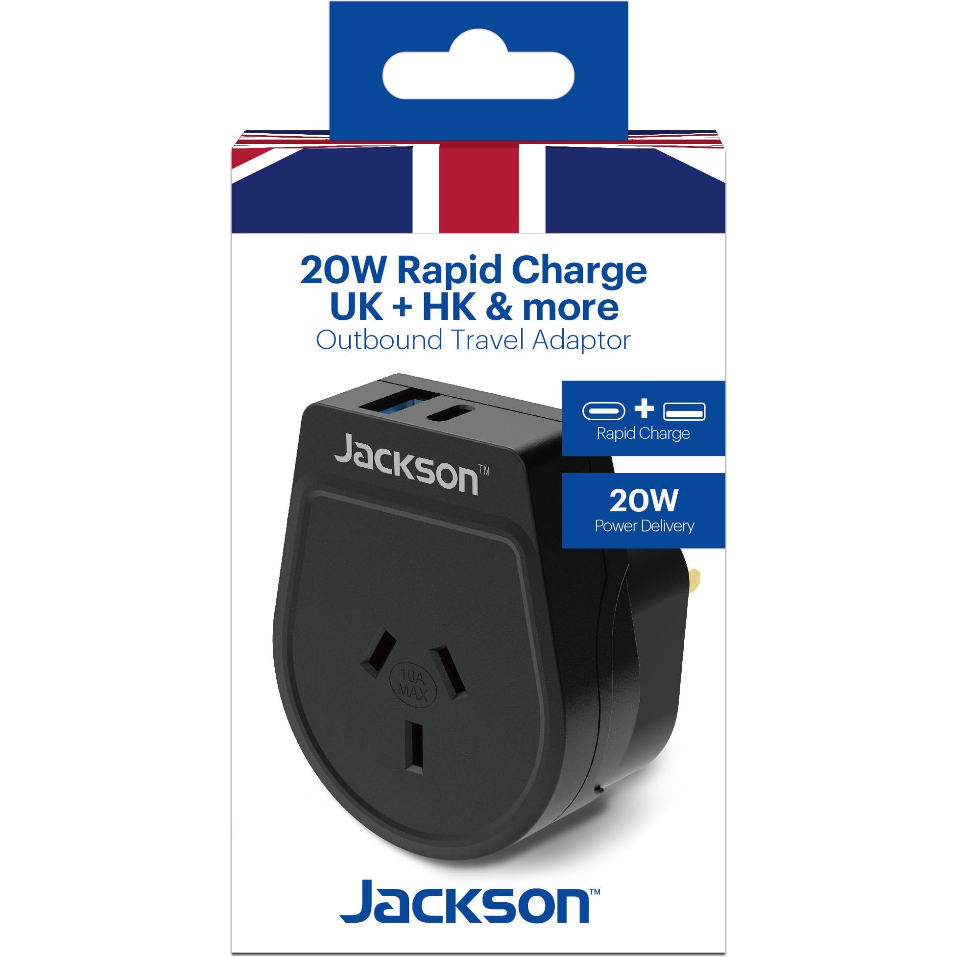 Jackson Outbound 20W Travel Adapter UK & Hong Kong with USB-A/C、mySite、camillekostekn